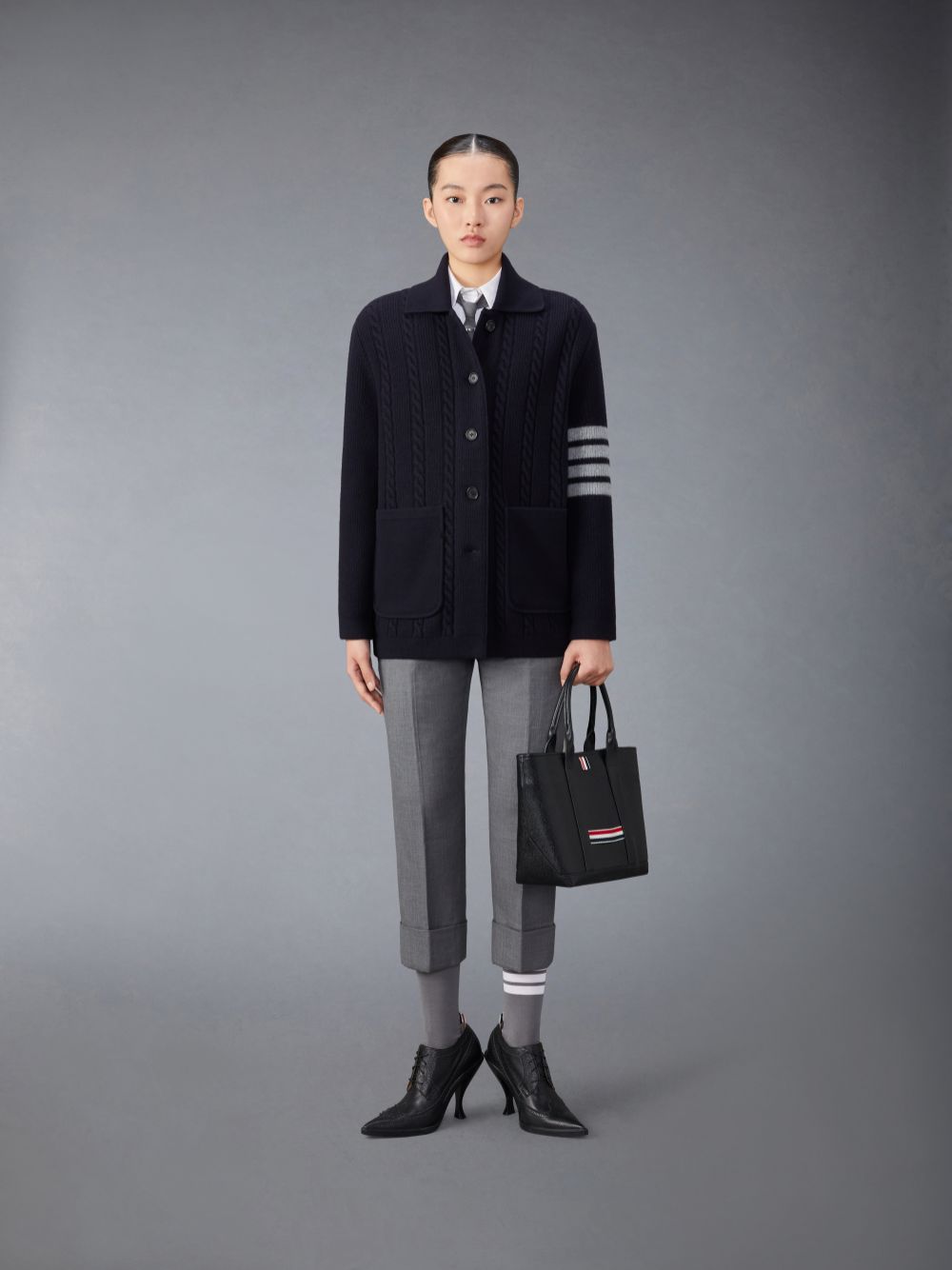 Thom Browne Merino Wool and Cotton 4-Bar Cable Women Coats Blue | DKF00V79631