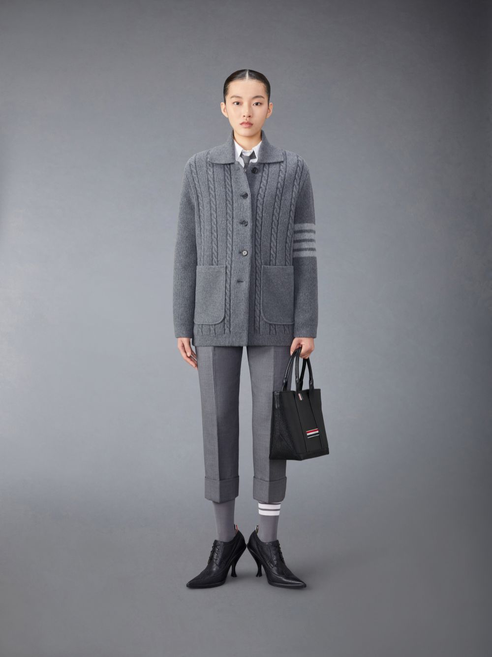 Thom Browne Merino Wool and Cotton 4-Bar Cable Women Coats Grey | IXX86M79335