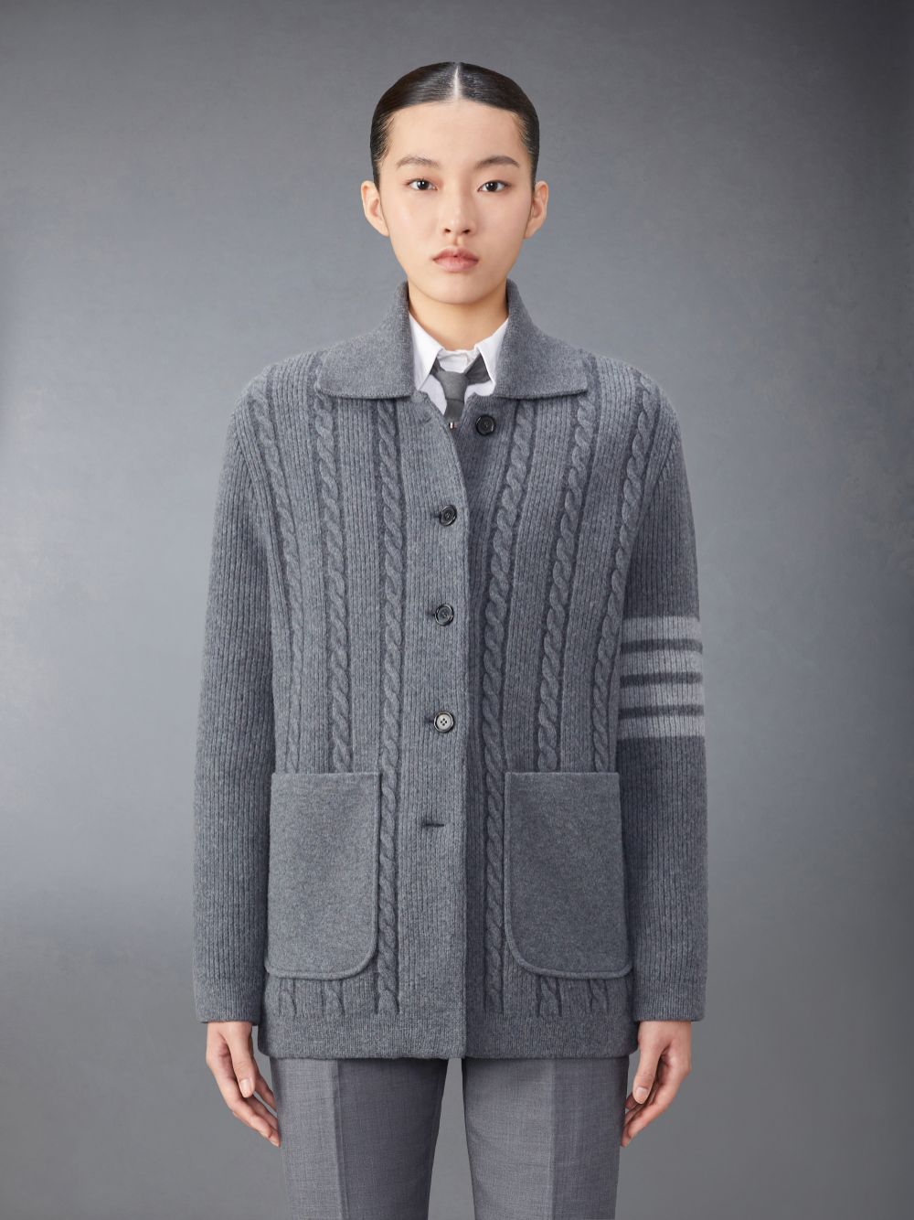 Thom Browne Merino Wool and Cotton 4-Bar Cable Women Coats Grey | IXX86M79335