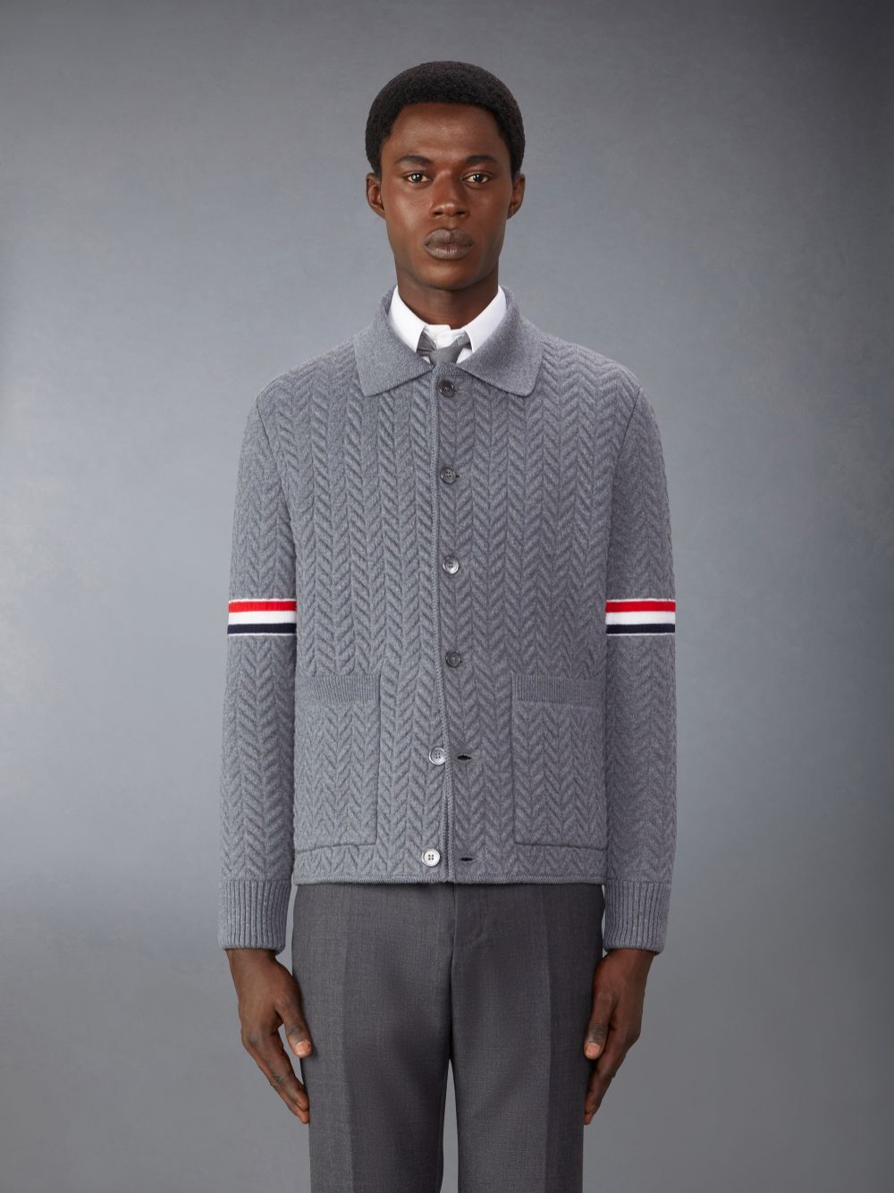 Thom Browne Merino Wool and Cotton Quilted Armband Work Men Jackets Grey | MXV72Y67727