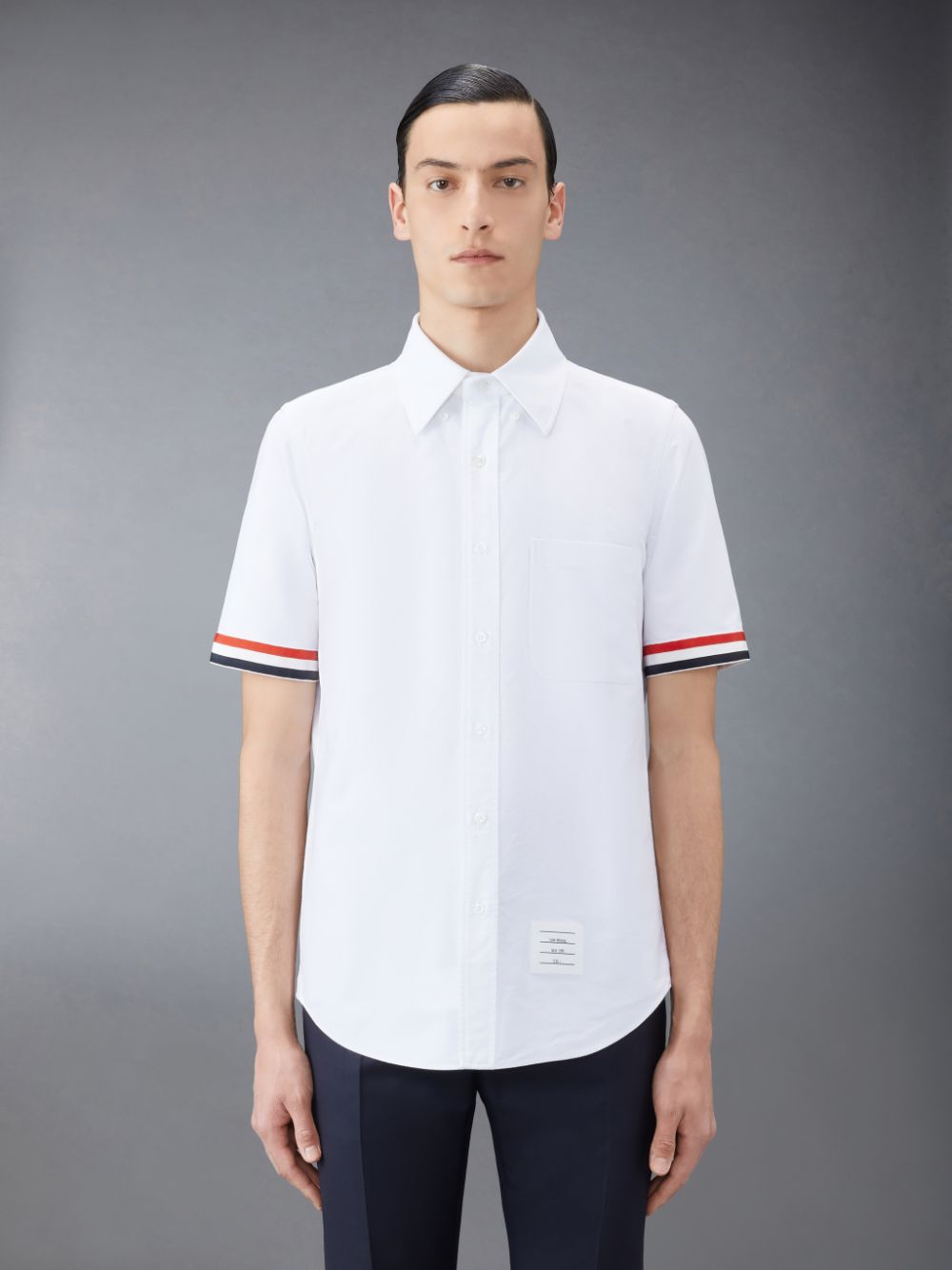 Thom Browne Oxford Grosgrain Cuff Short Sleeve Men Shirts White | AMB34O28542