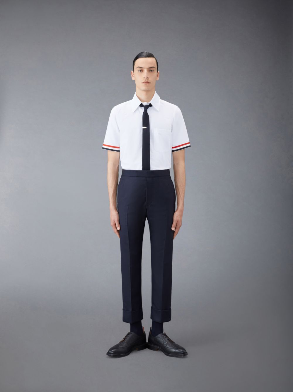 Thom Browne Oxford Grosgrain Cuff Short Sleeve Men Shirts White | AMB34O28542