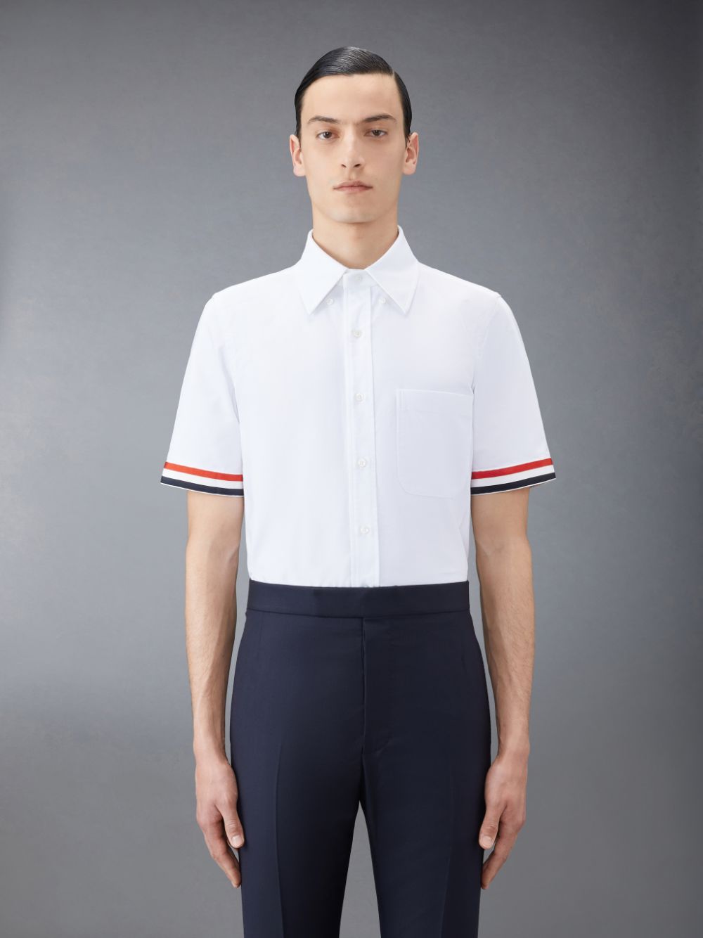 Thom Browne Oxford Grosgrain Cuff Short Sleeve Men Shirts White | AMB34O28542