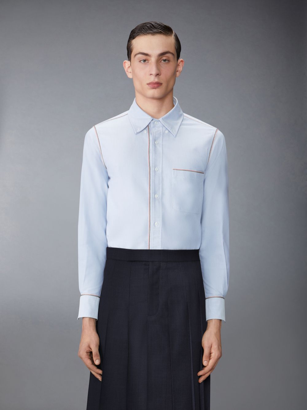 Thom Browne Oxford Grosgrain Framing Men Shirts Blue | WOJ04U01632