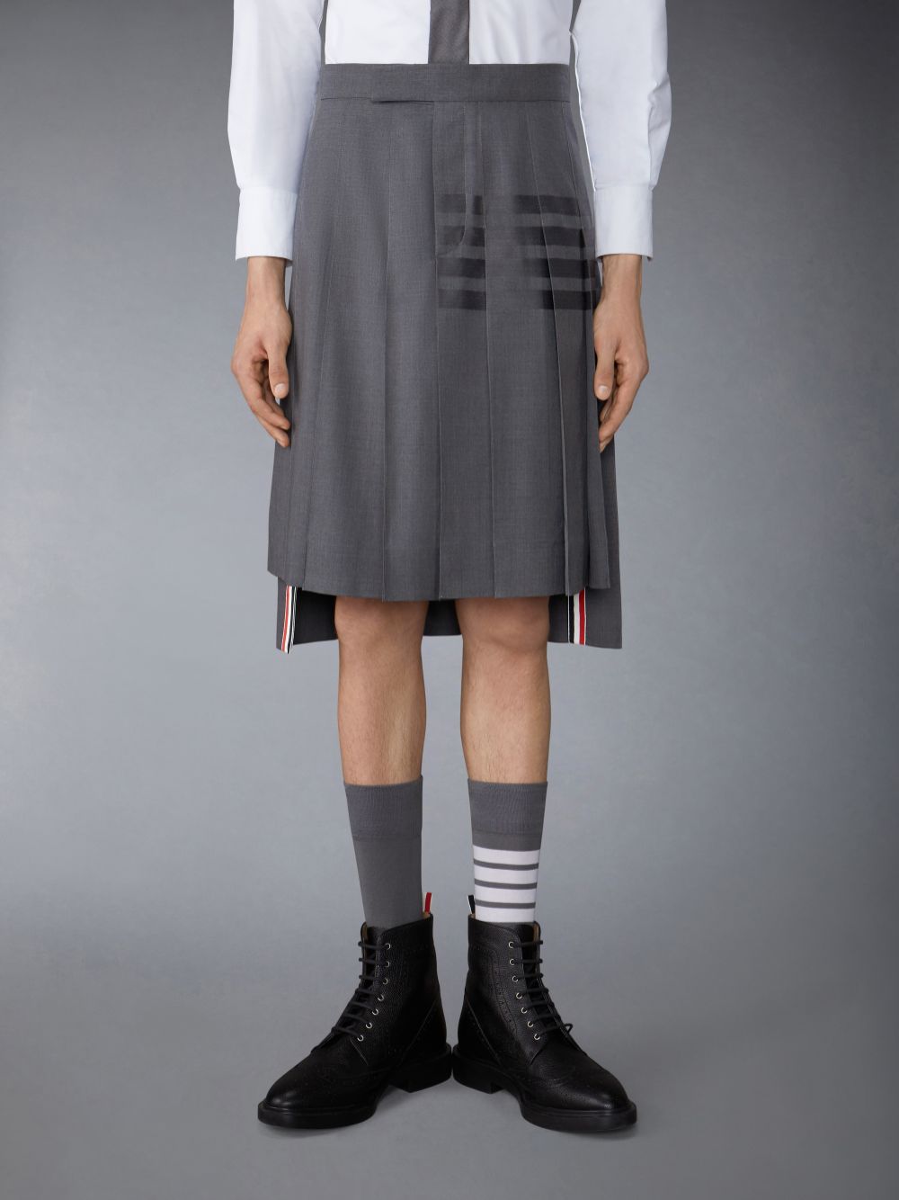 Thom Browne PLAIN WEAVE 4-BAR CLASSIC BACKSTRAP PLEATED Men Skirts Grey | BNL95L89813