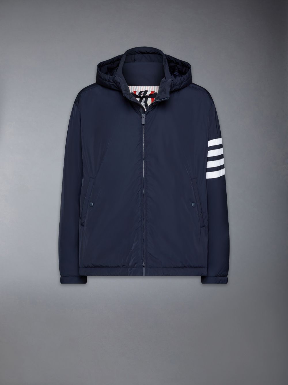 Thom Browne POLY TWILL 4-BAR DOWN FILL ZIP UP HOODED Men Jackets Blue | CIU47A49342