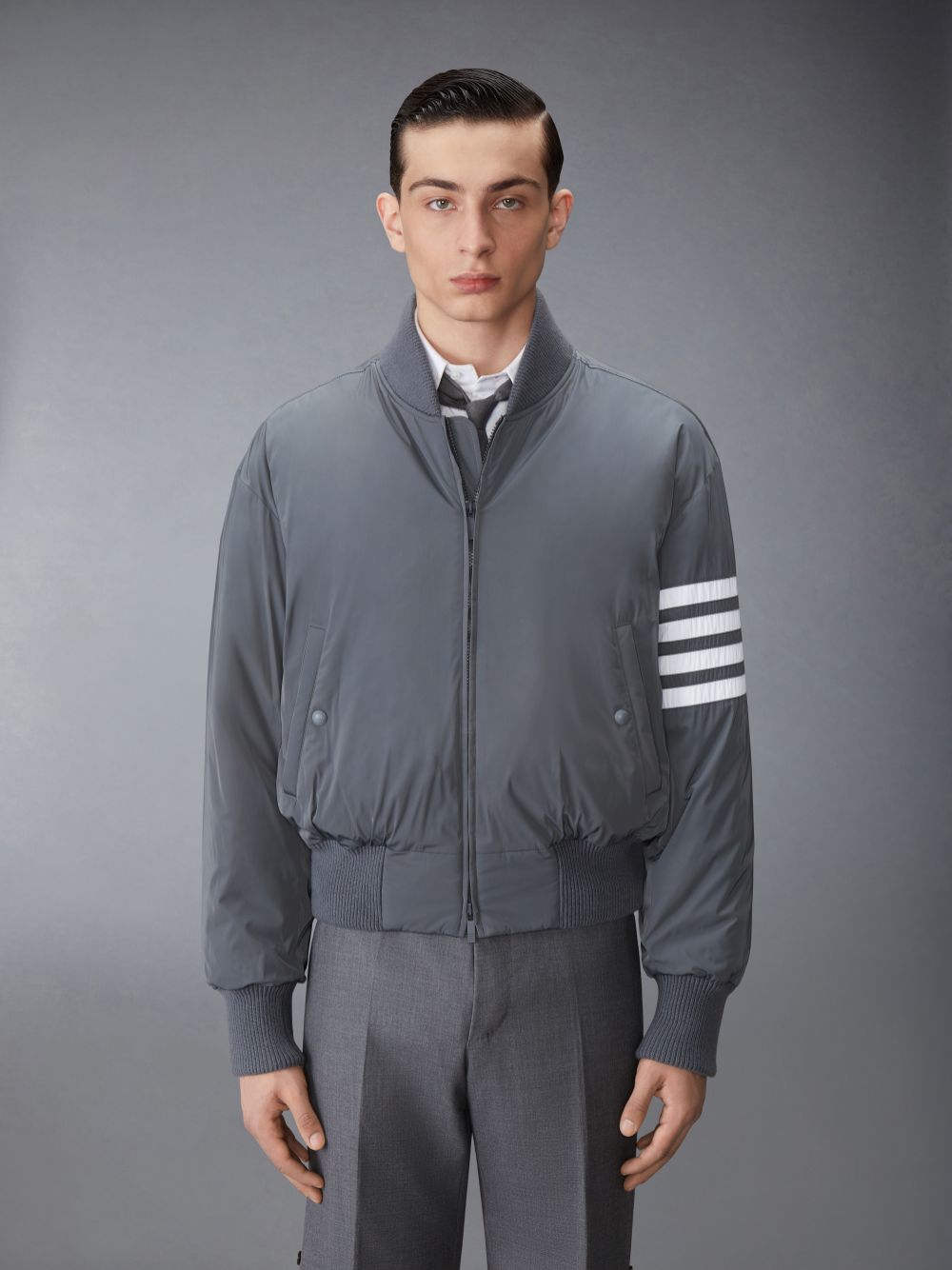 Thom Browne POLY TWILL 4-BAR OVERSIZED BLOUSON Men Jackets Grey | VVT58G90564