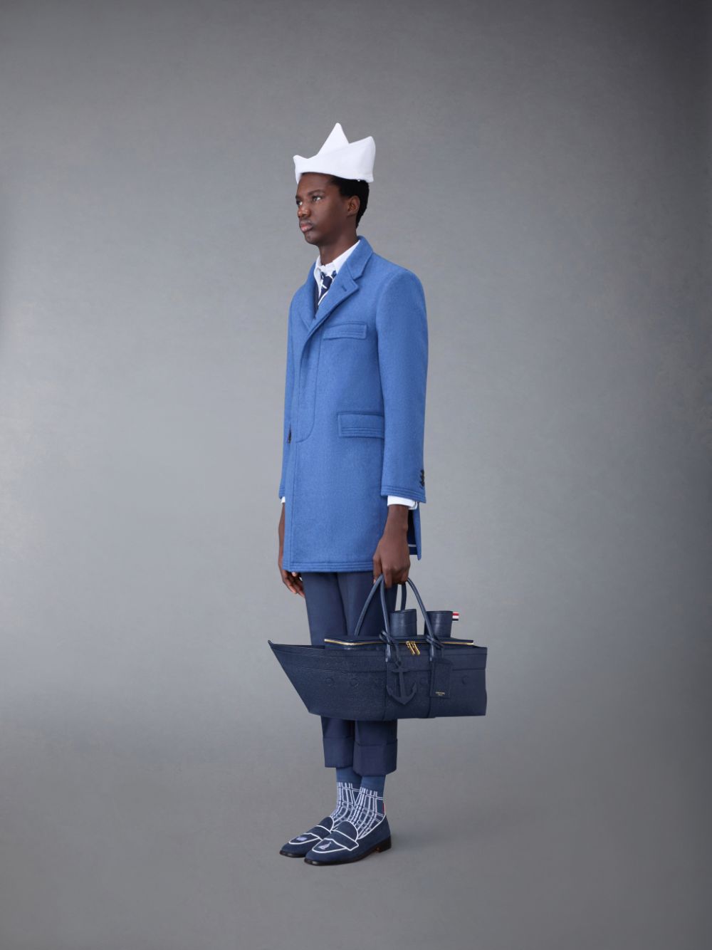 Thom Browne Pebble Grain Leather Cruise Liner Men Tote Bags Blue | JCF52G76695