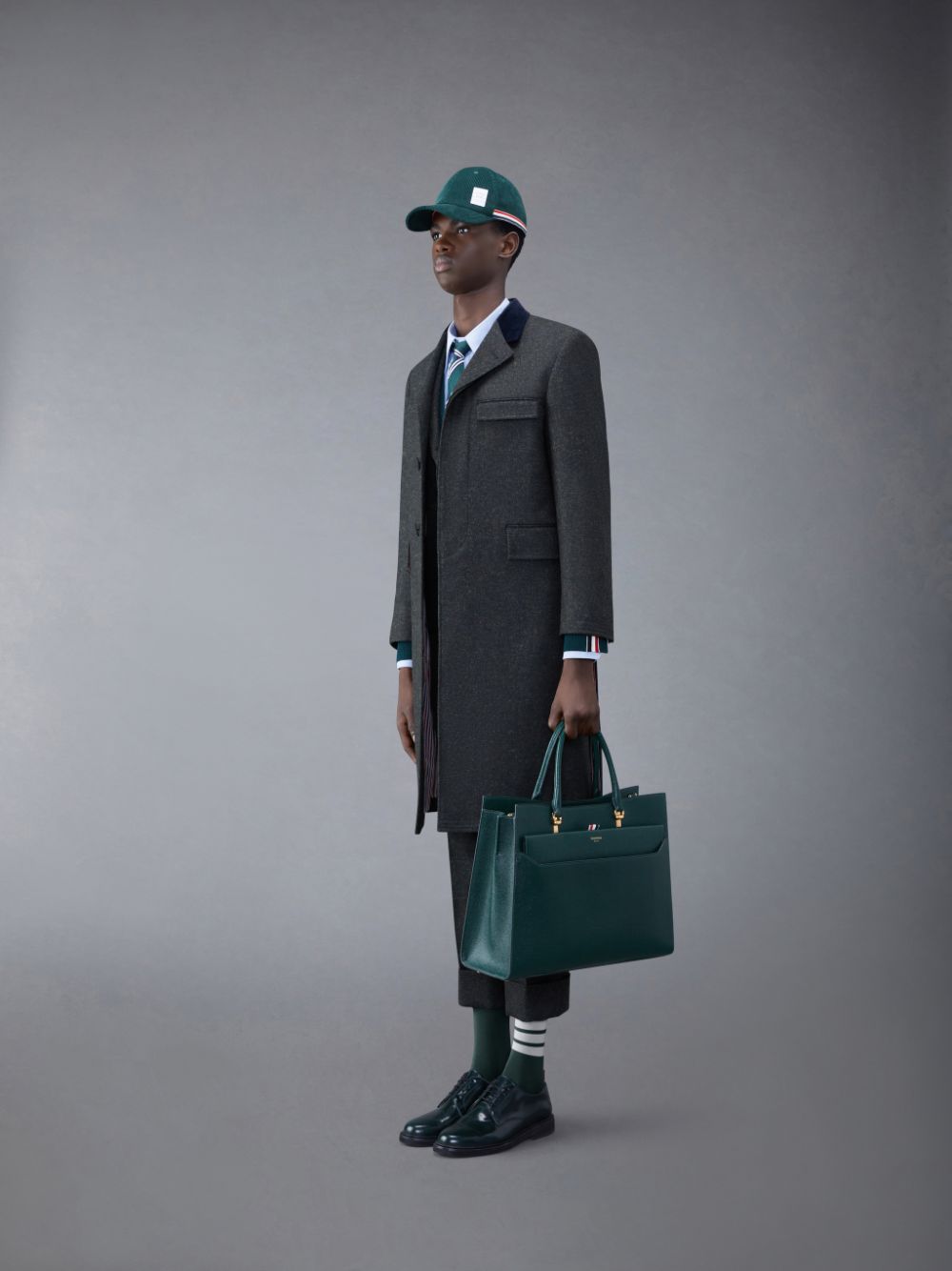 Thom Browne Pebble Grain Leather Large Duet Men Tote Bags Green | ZCA15S90260