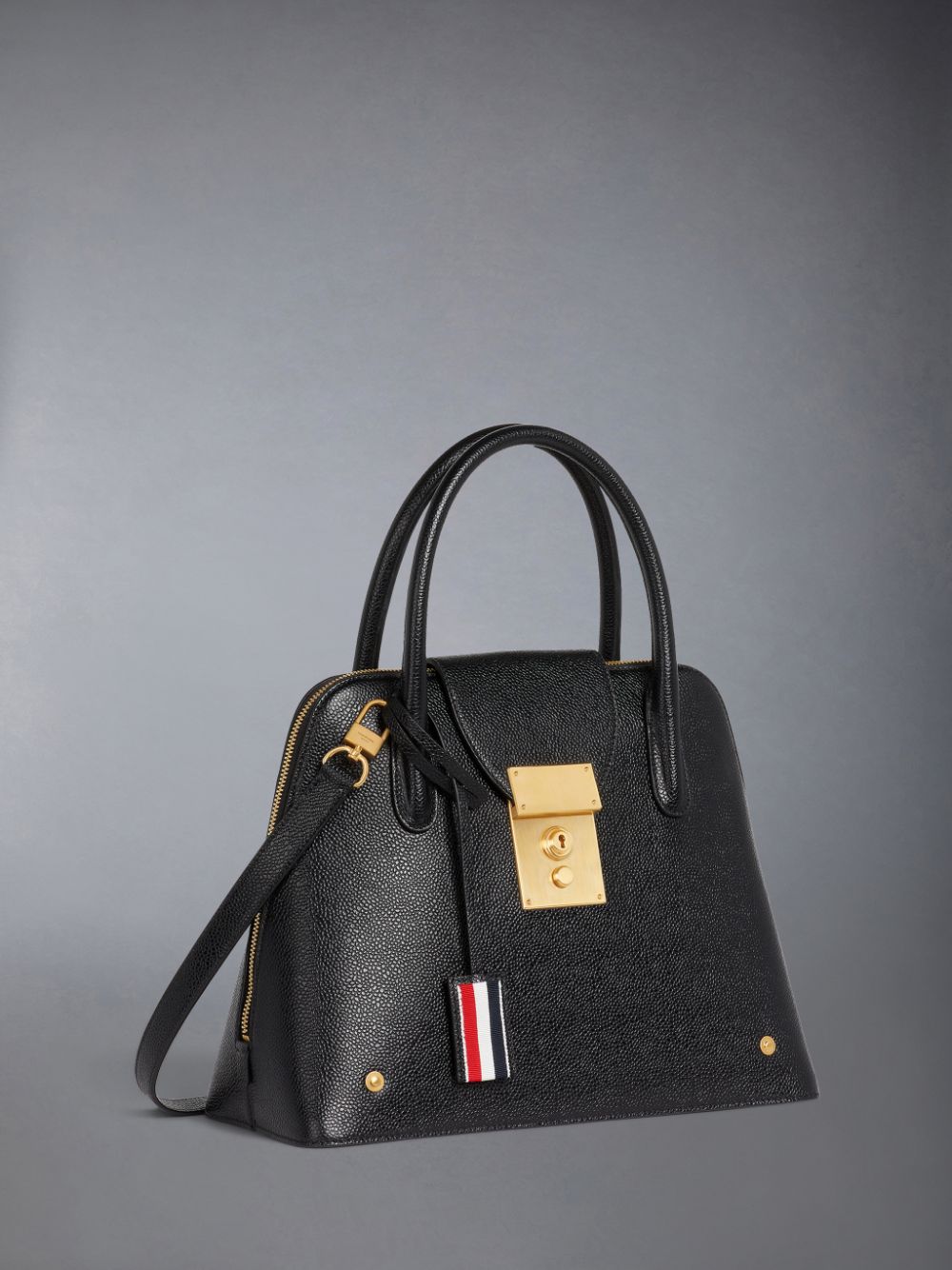 Thom Browne Pebble Grain Leather Removable Shoulder Strap Mrs. Women Satchel Bags Black | APJ40I15676