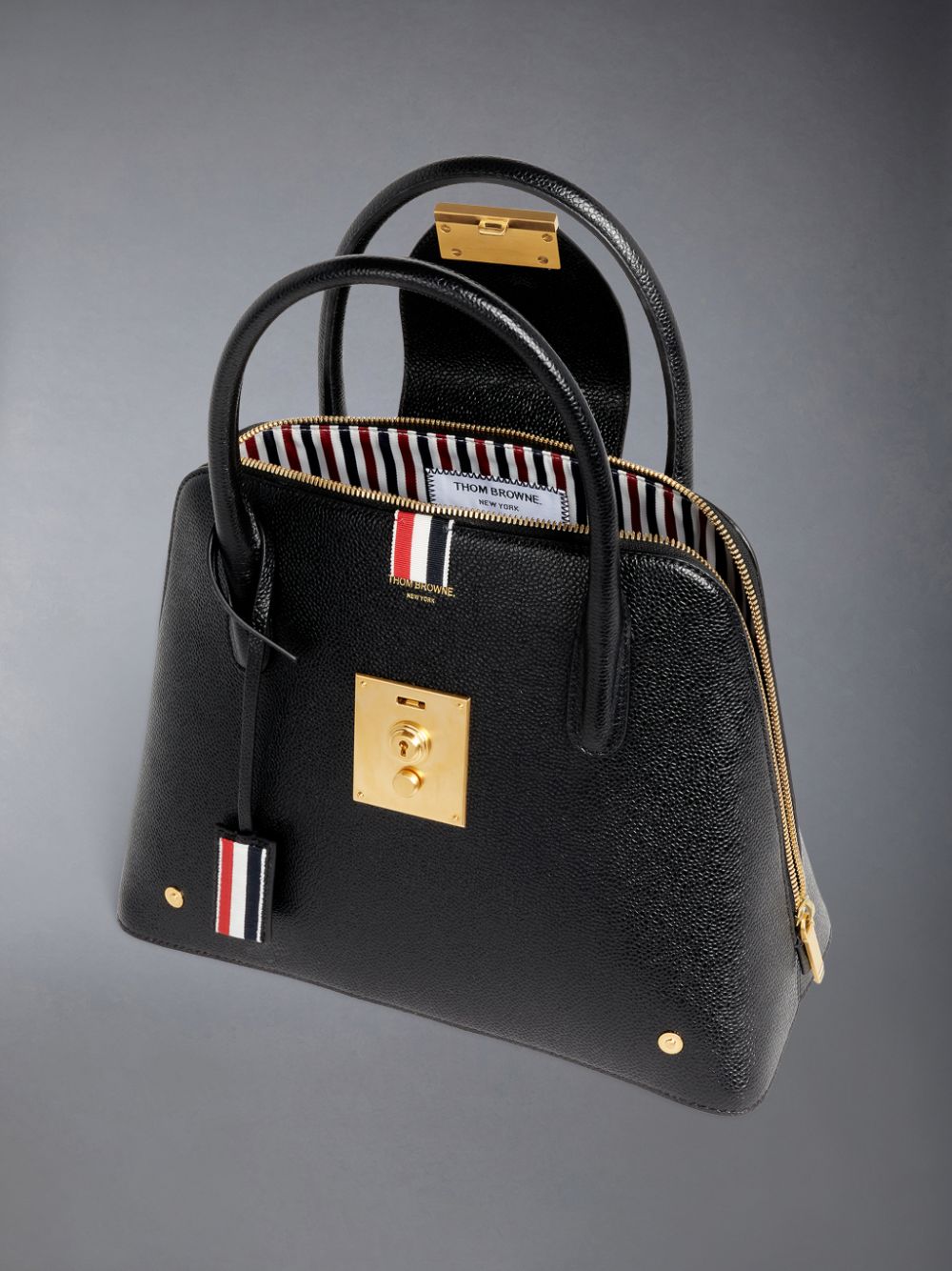 Thom Browne Pebble Grain Leather Removable Shoulder Strap Mrs. Women Satchel Bags Black | APJ40I15676