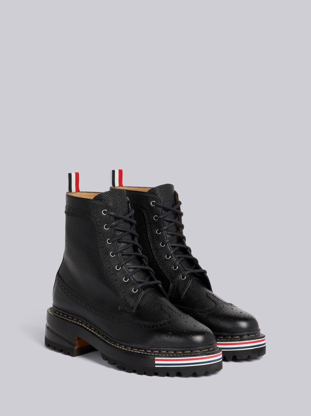 Thom Browne Pebble Grain Leather Rubber Hiking Sole Stripe Micro Insert Lace-Up Longwing Women Boots Black | LJC92F07870