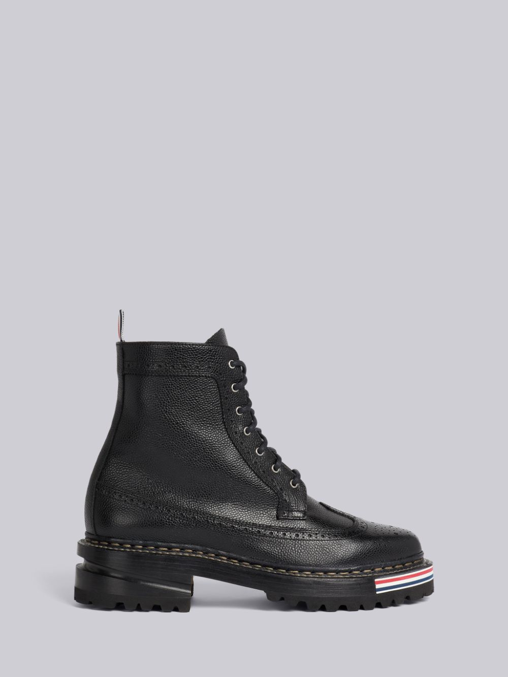 Thom Browne Pebble Grain Leather Rubber Hiking Sole Stripe Micro Insert Lace-Up Longwing Women Boots Black | LJC92F07870