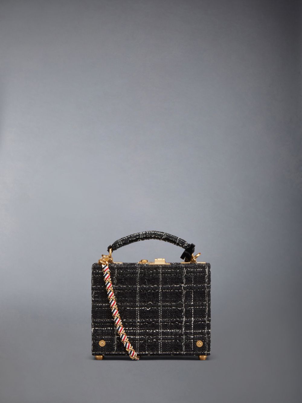 Thom Browne Plaid Ribbon Tweed Woven Chain Micro Attache Case Women Tote Bags Black | PKE91Y06126