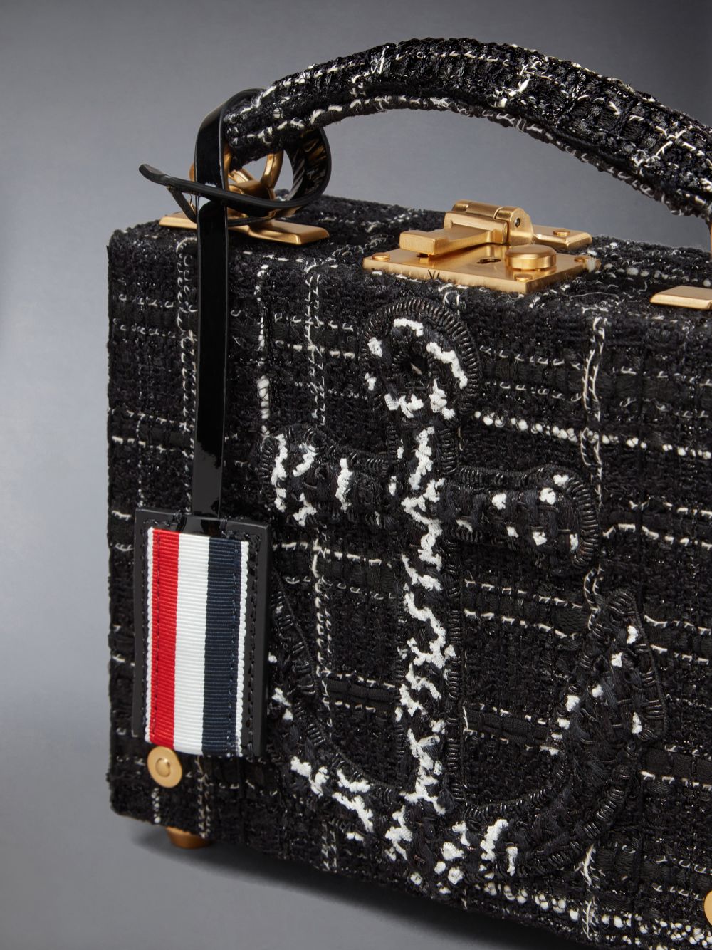 Thom Browne Plaid Ribbon Tweed Woven Chain Micro Attache Case Men Crossbody Bags Black | RIP70V02496