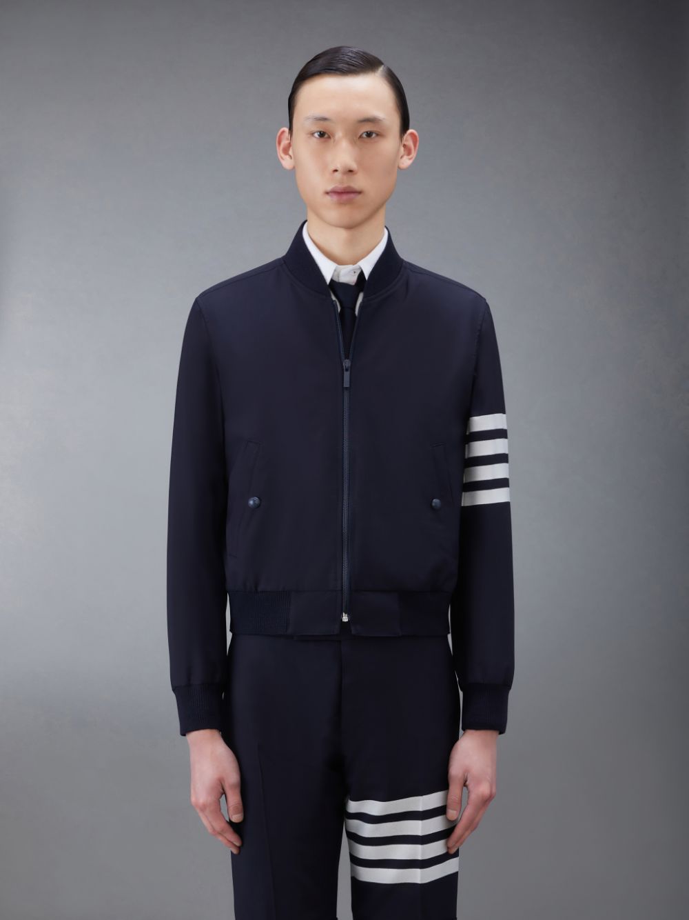 Thom Browne Plain Weave 4-Bar Kint Rib Blouson Men Jackets Blue | GIU71N09325