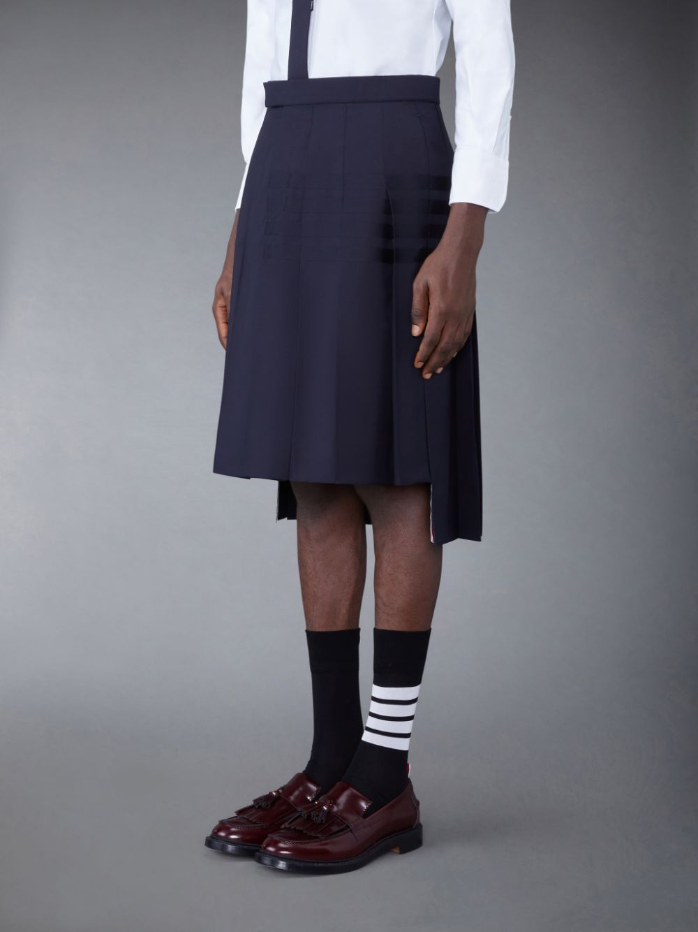 Thom Browne Plain Weave 4-Bar Knee Length Classic Pleated Men Skirts Blue | WGR54M45166