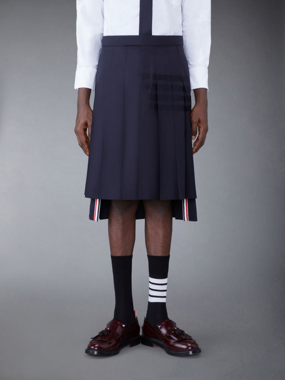 Thom Browne Plain Weave 4-Bar Knee Length Classic Pleated Men Skirts Blue | WGR54M45166