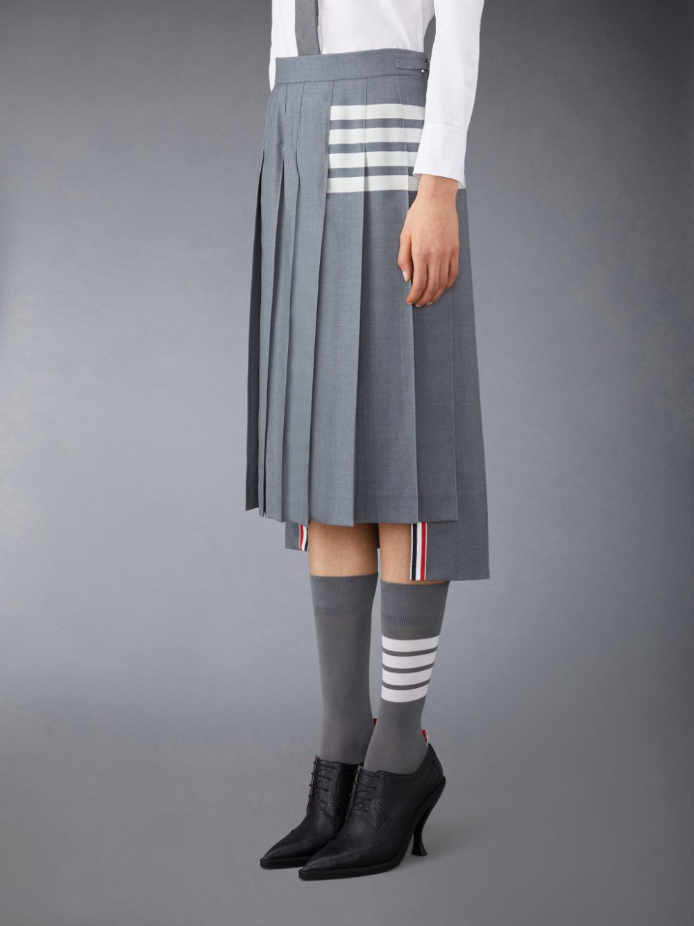 Thom Browne Plain Weave 4-Bar Pleated Midi Women Skirts Grey | XQA68X47211