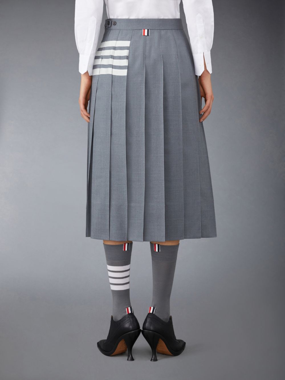 Thom Browne Plain Weave 4-Bar Pleated Midi Women Skirts Grey | XQA68X47211