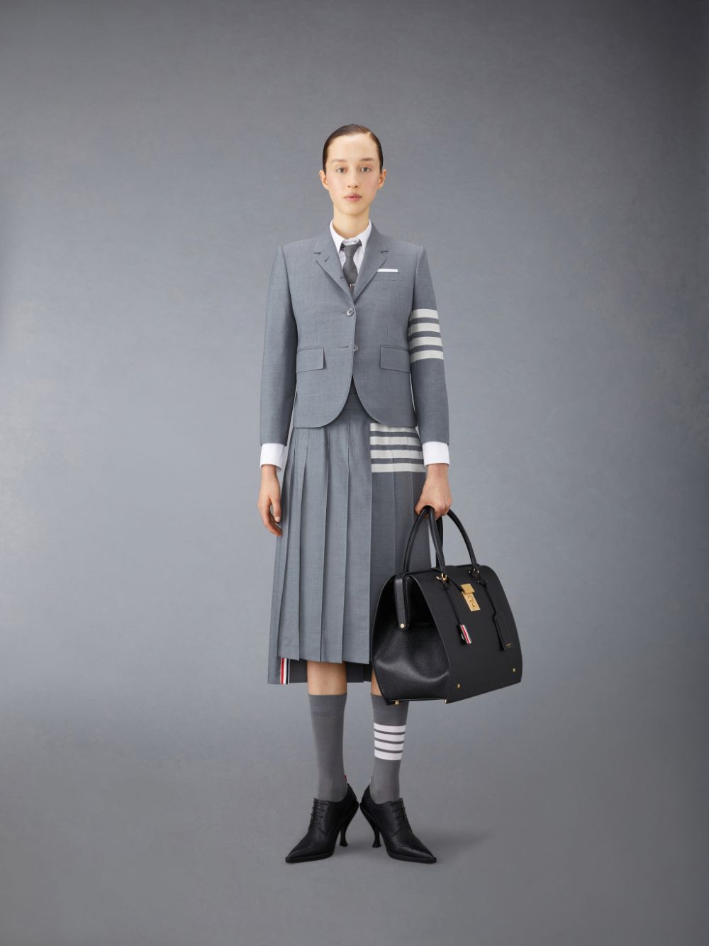 Thom Browne Plain Weave 4-Bar Pleated Midi Women Skirts Grey | XQA68X47211