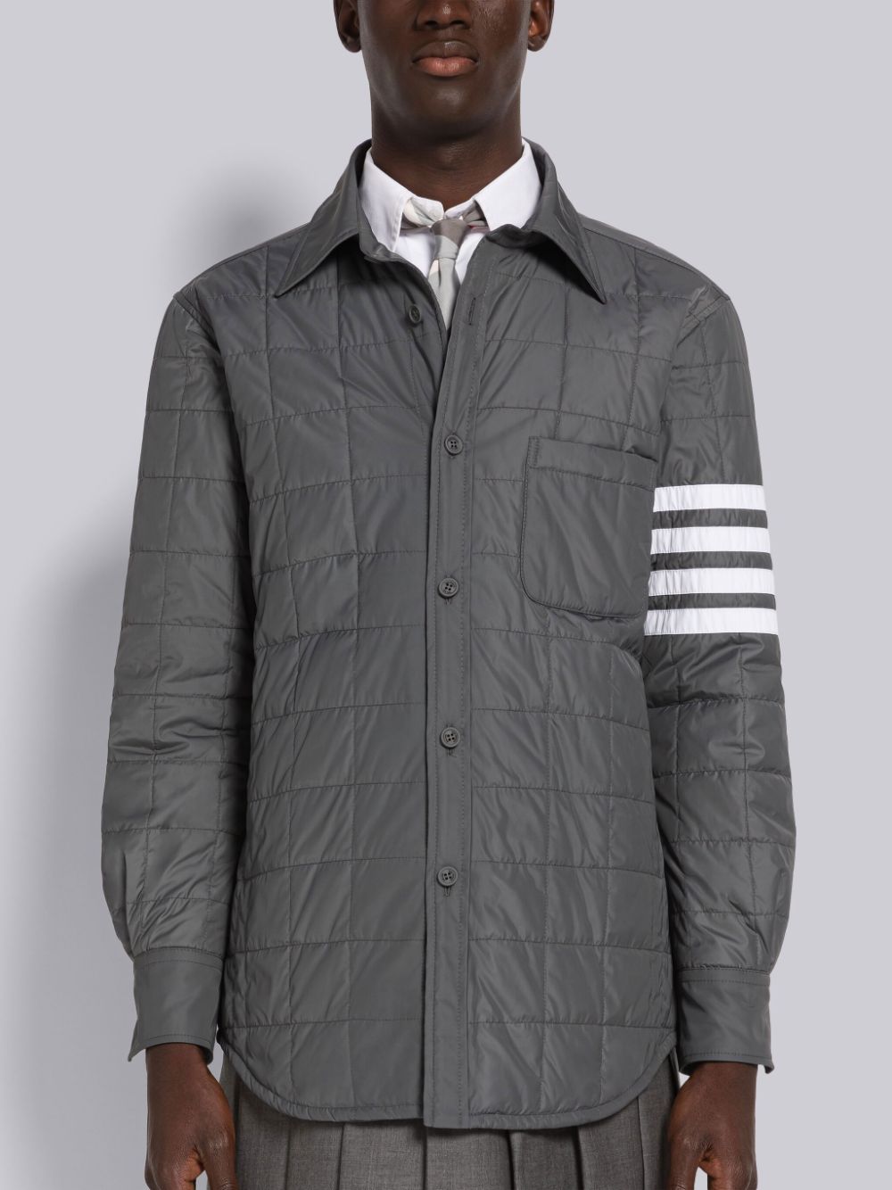 Thom Browne Poly Twill 4-Bar Down Shirt Men Jackets Grey | TMJ91K58724