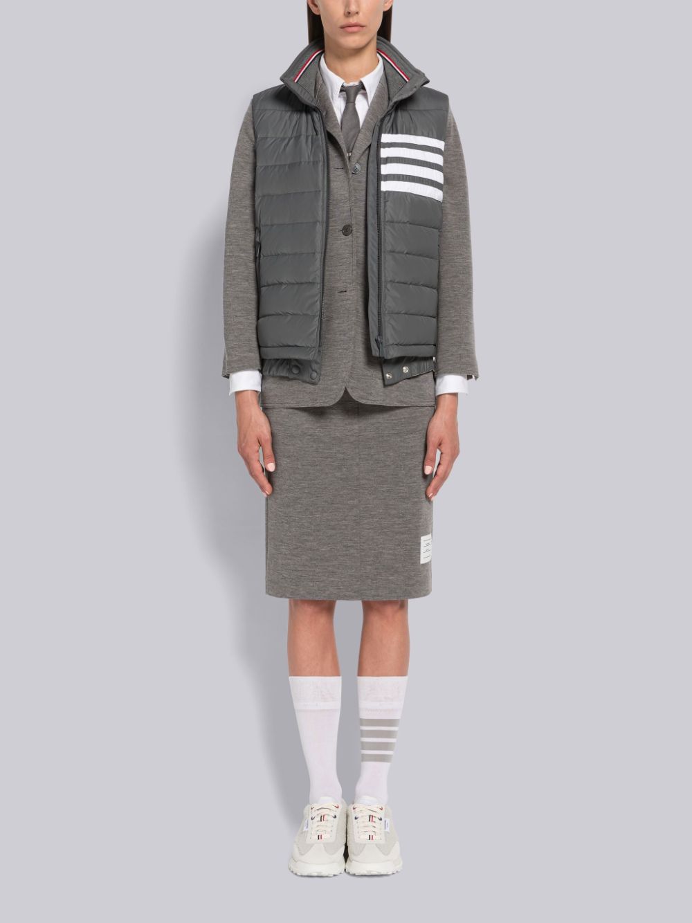 Thom Browne Poly Twill 4-Bar Funnel Neck Down Women Vest Grey | HXT62E25900