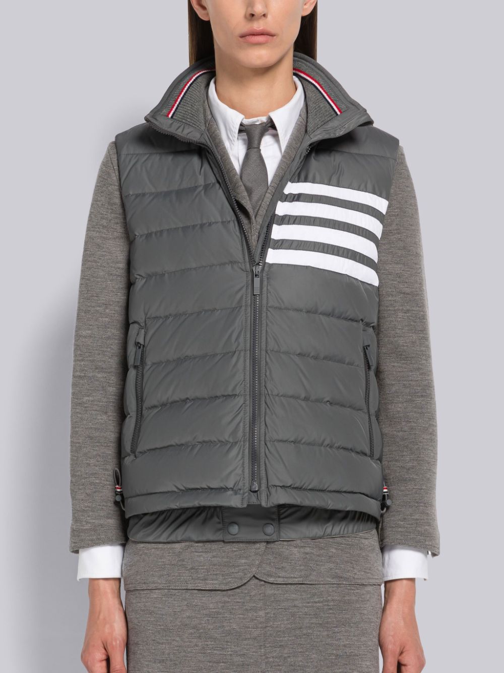 Thom Browne Poly Twill 4-Bar Funnel Neck Down Women Vest Grey | HXT62E25900