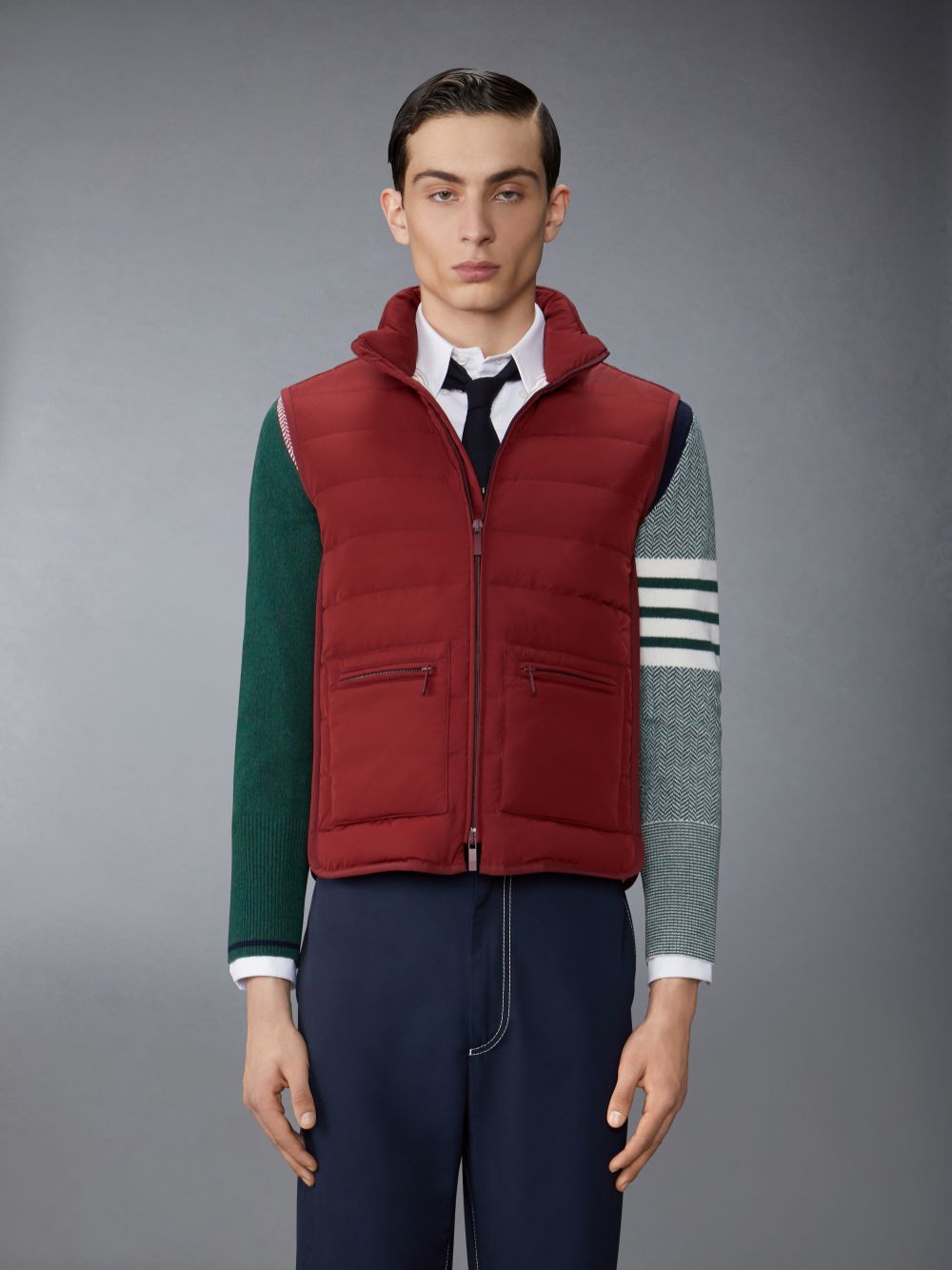 Thom Browne Poly Twill Down Fill 4-Bar Funnel Neck Knit Panel Men Vest Red | FAQ46D29250