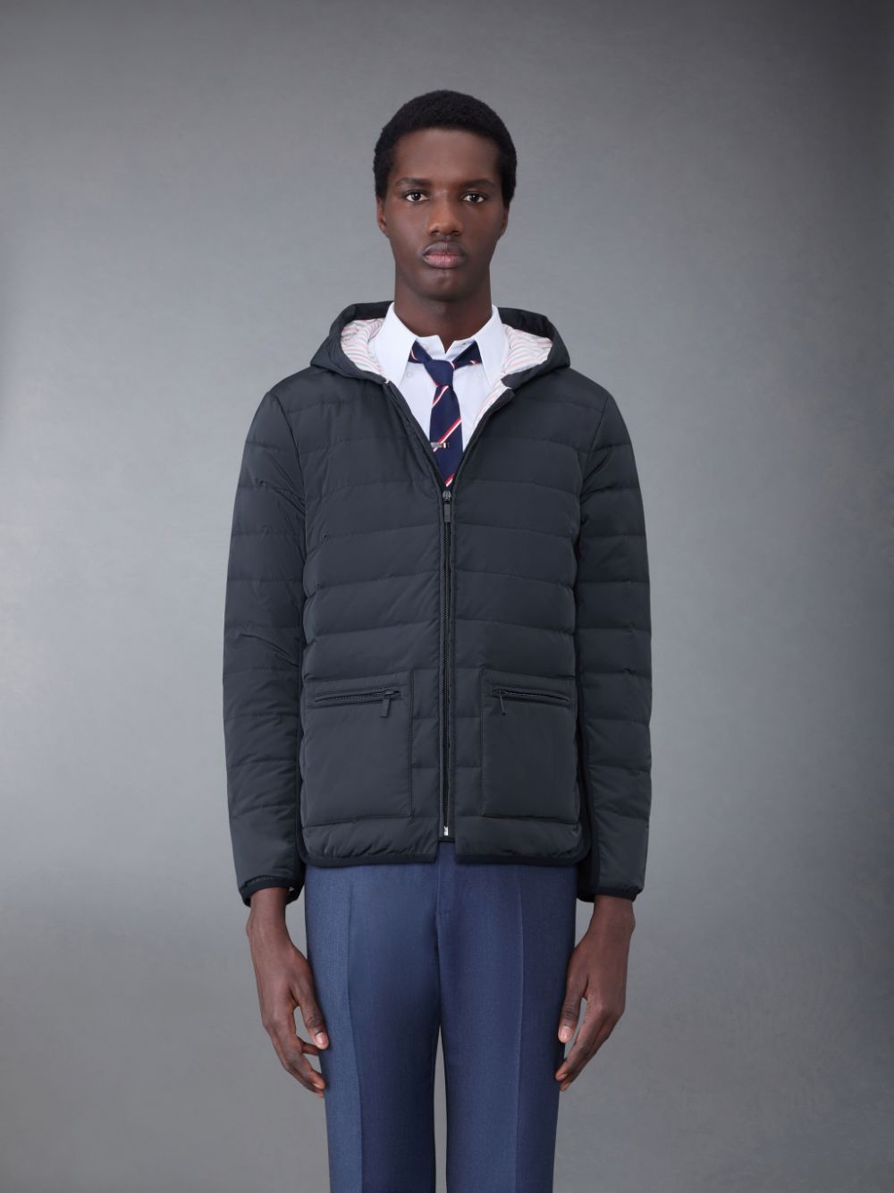 Thom Browne Poly Twill Rib 4-Bar Down Hooded Men Jackets Grey | PUY61I12598