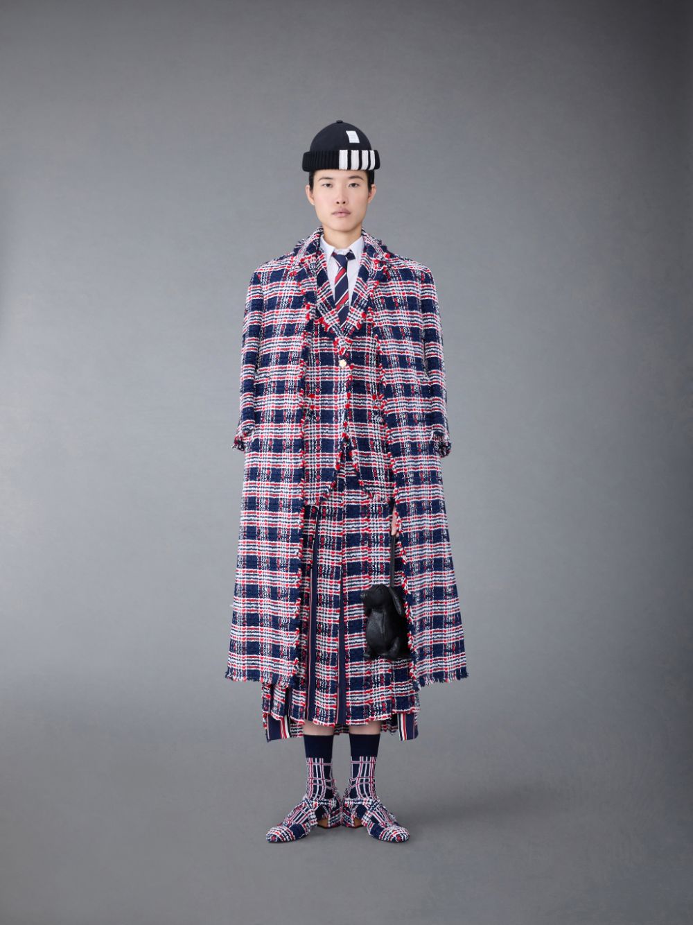 Thom Browne Prince of Wales Check Frayed Chenille Tweed Elongated Sport Women Coats Blue | TSN39Z97645