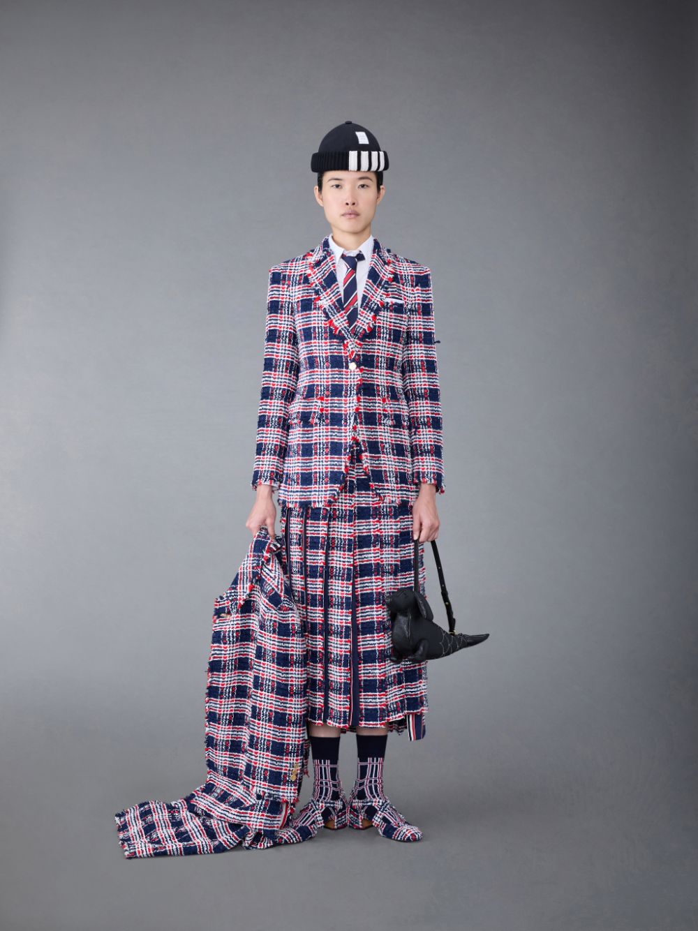 Thom Browne Prince of Wales Check Frayed Chenille Tweed Elongated Sport Women Coats Blue | TSN39Z97645