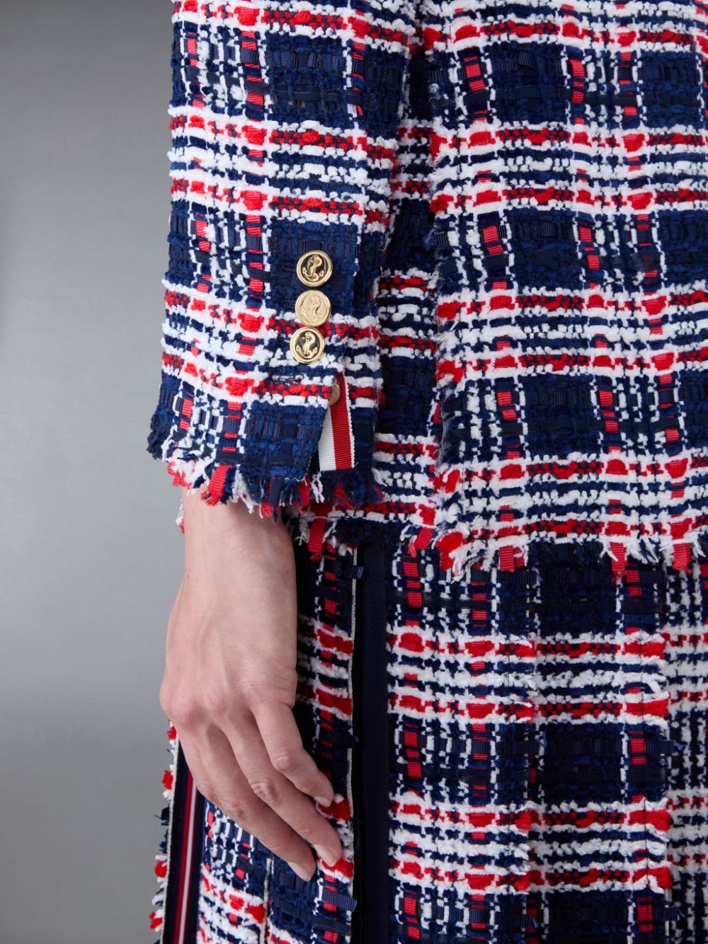 Thom Browne Prince of Wales Check Frayed Chenille Tweed Elongated Sport Women Coats Blue | TSN39Z97645