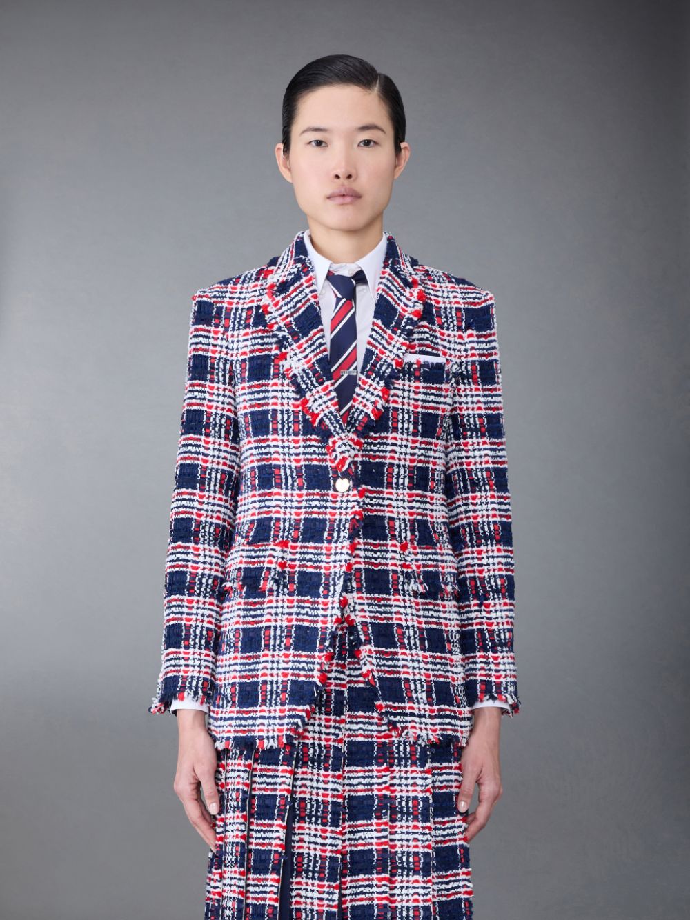 Thom Browne Prince of Wales Check Frayed Chenille Tweed Elongated Sport Women Coats Blue | TSN39Z97645