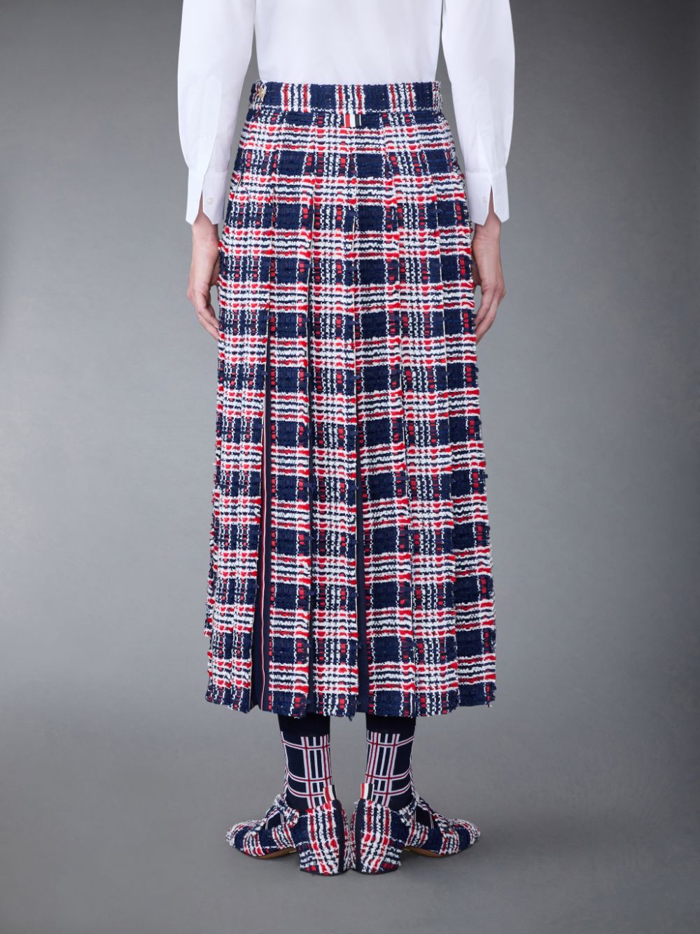 Thom Browne Prince of Wales Check Frayed Chenille Tweed Pleated Women Skirts Blue | EPC73J24463