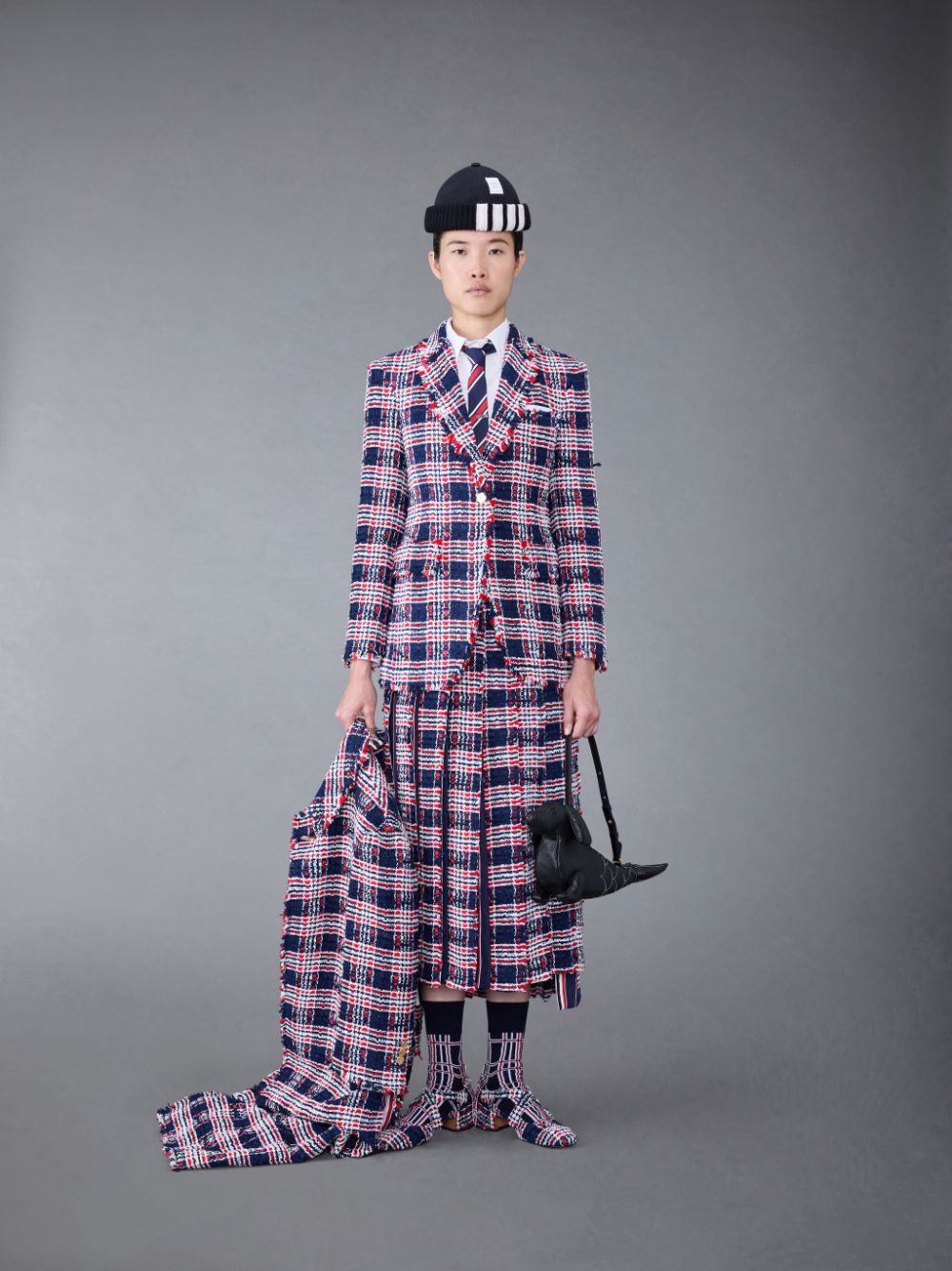 Thom Browne Prince of Wales Check Frayed Chenille Tweed Pleated Women Skirts Blue | EPC73J24463