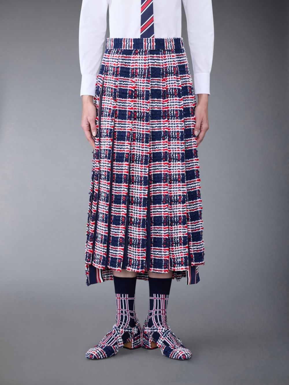 Thom Browne Prince of Wales Check Frayed Chenille Tweed Pleated Women Skirts Blue | EPC73J24463