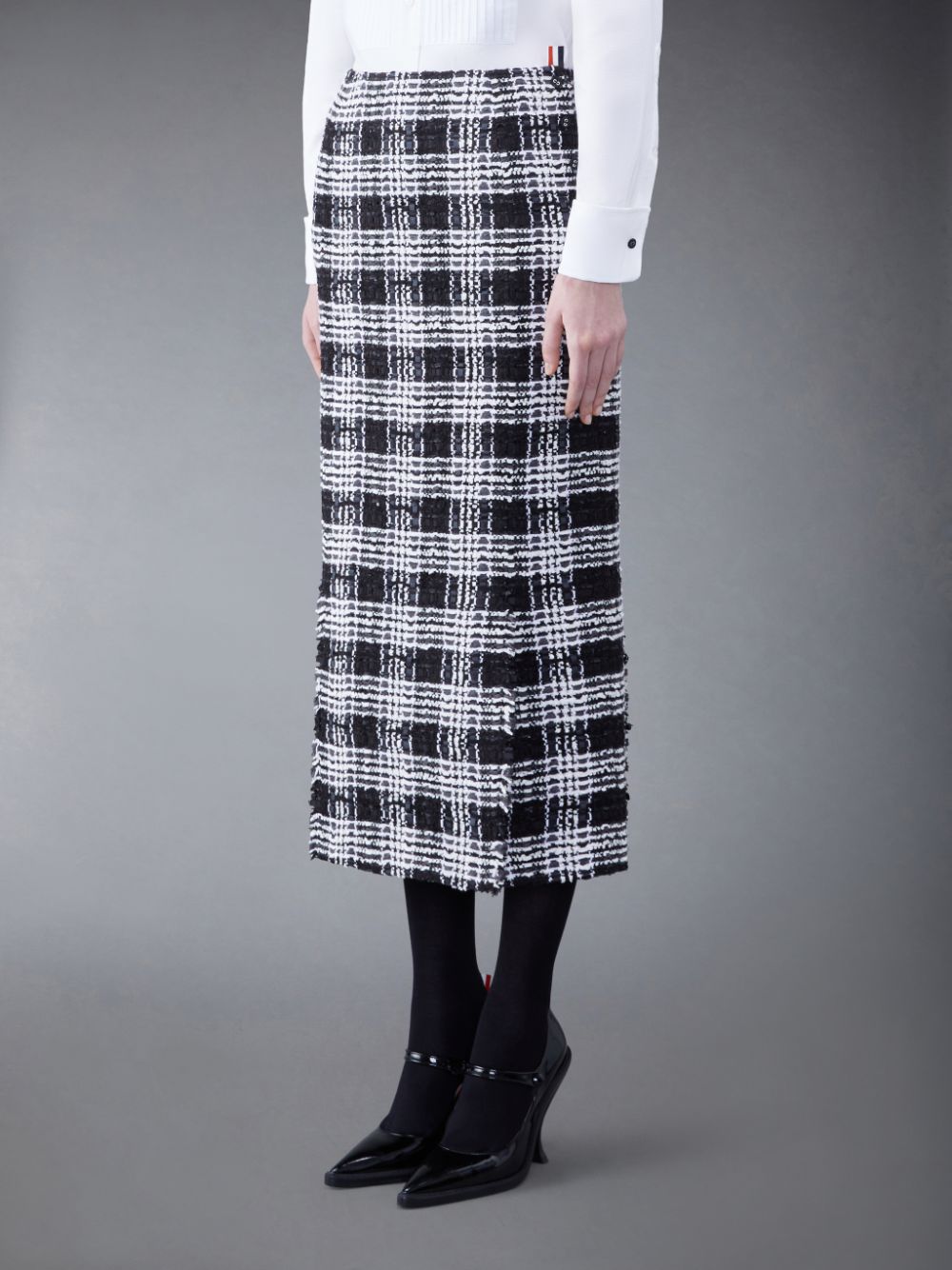 Thom Browne Prince of Wales Chenille Tweed Frayed 4-vent Women Skirts Black | FIT92K89543