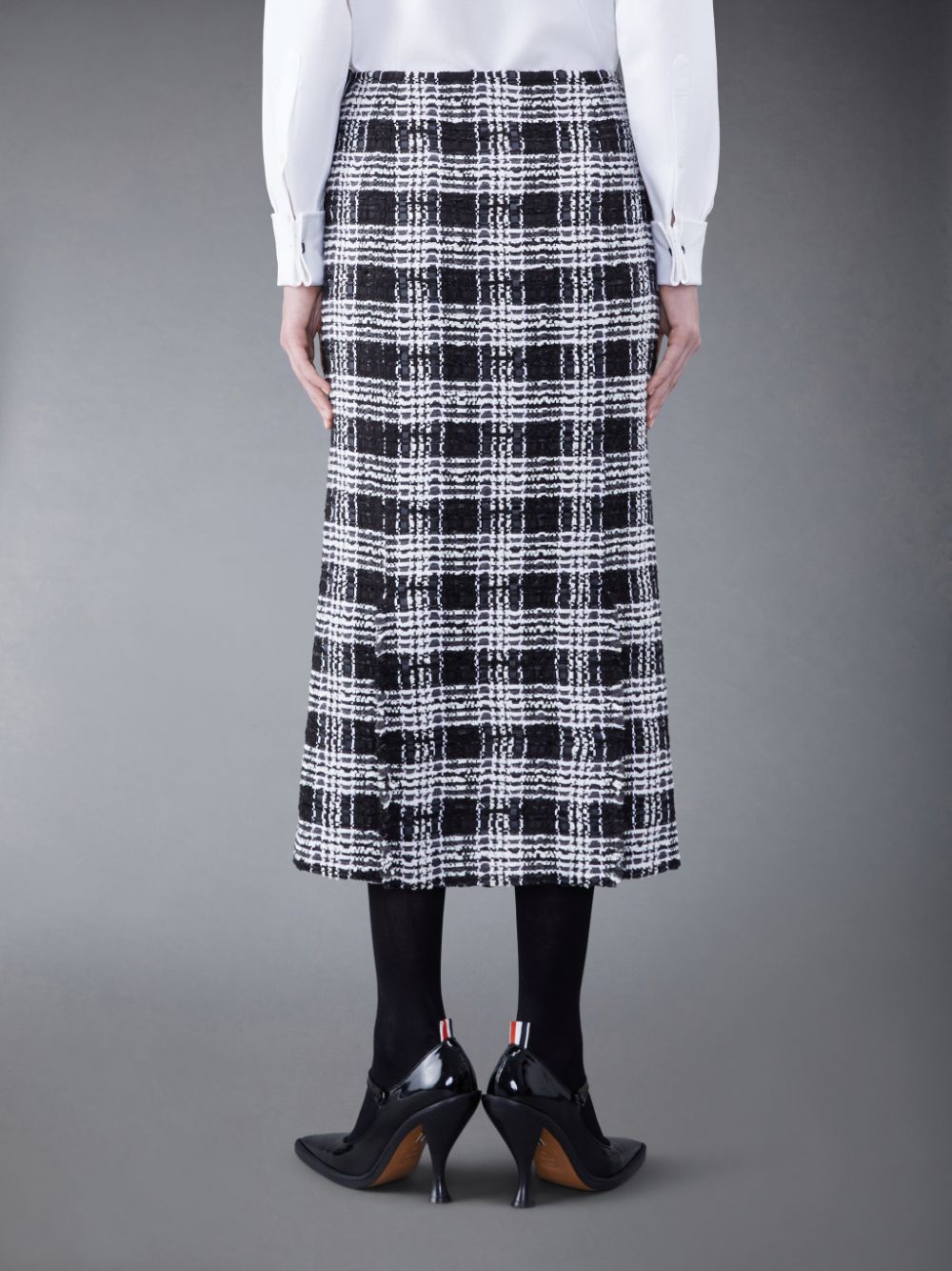 Thom Browne Prince of Wales Chenille Tweed Frayed 4-vent Women Skirts Black | FIT92K89543