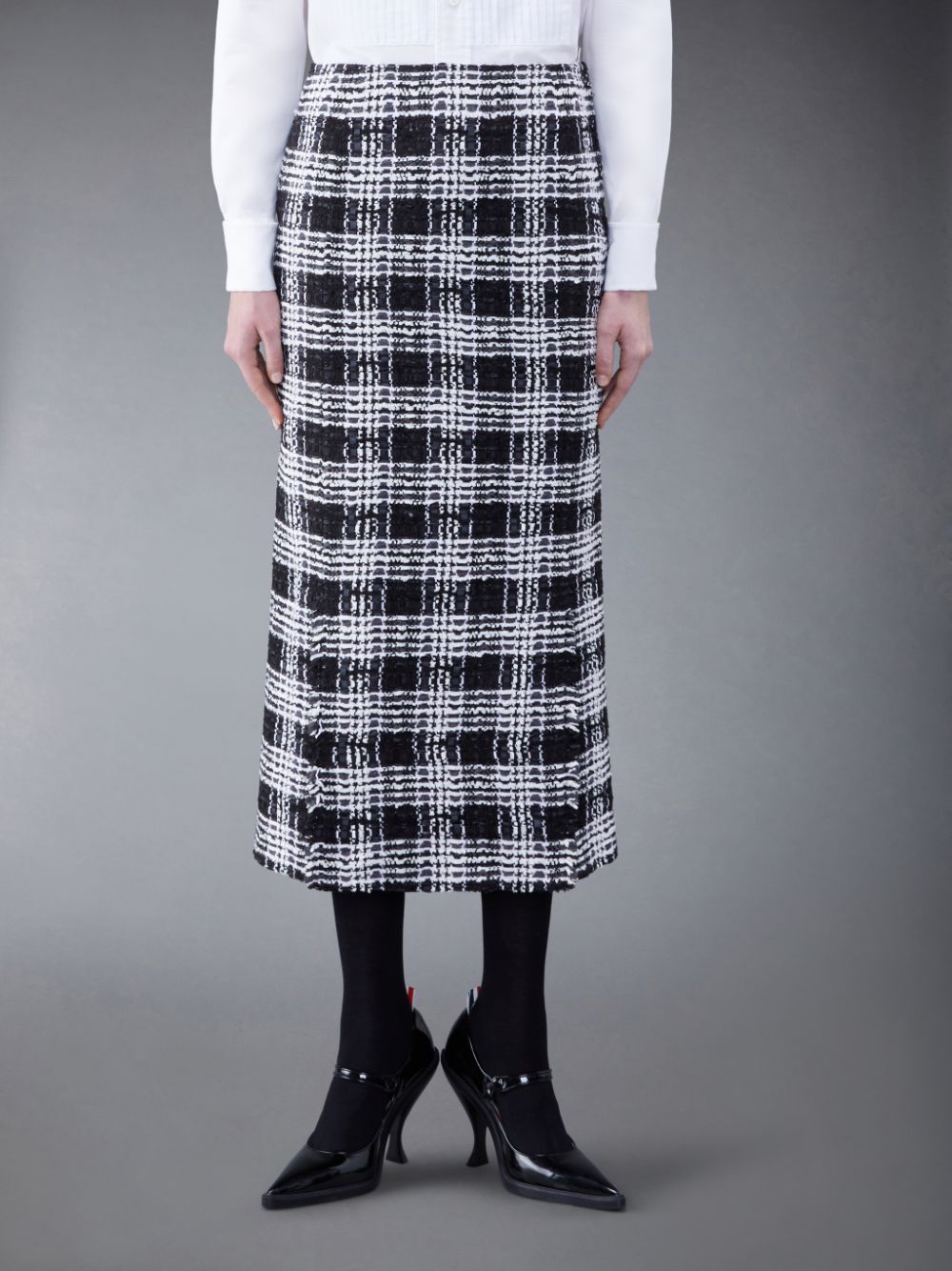 Thom Browne Prince of Wales Chenille Tweed Frayed 4-vent Women Skirts Black | FIT92K89543