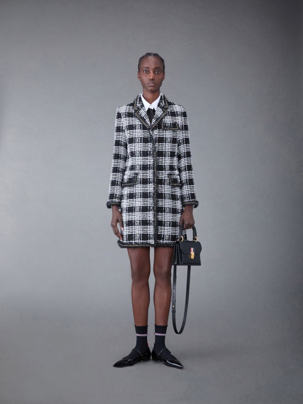 Thom Browne Prince of Wales Chenille Tweed Tuft and Pearl Chesterfield Women Dress Black | BKD21V82605