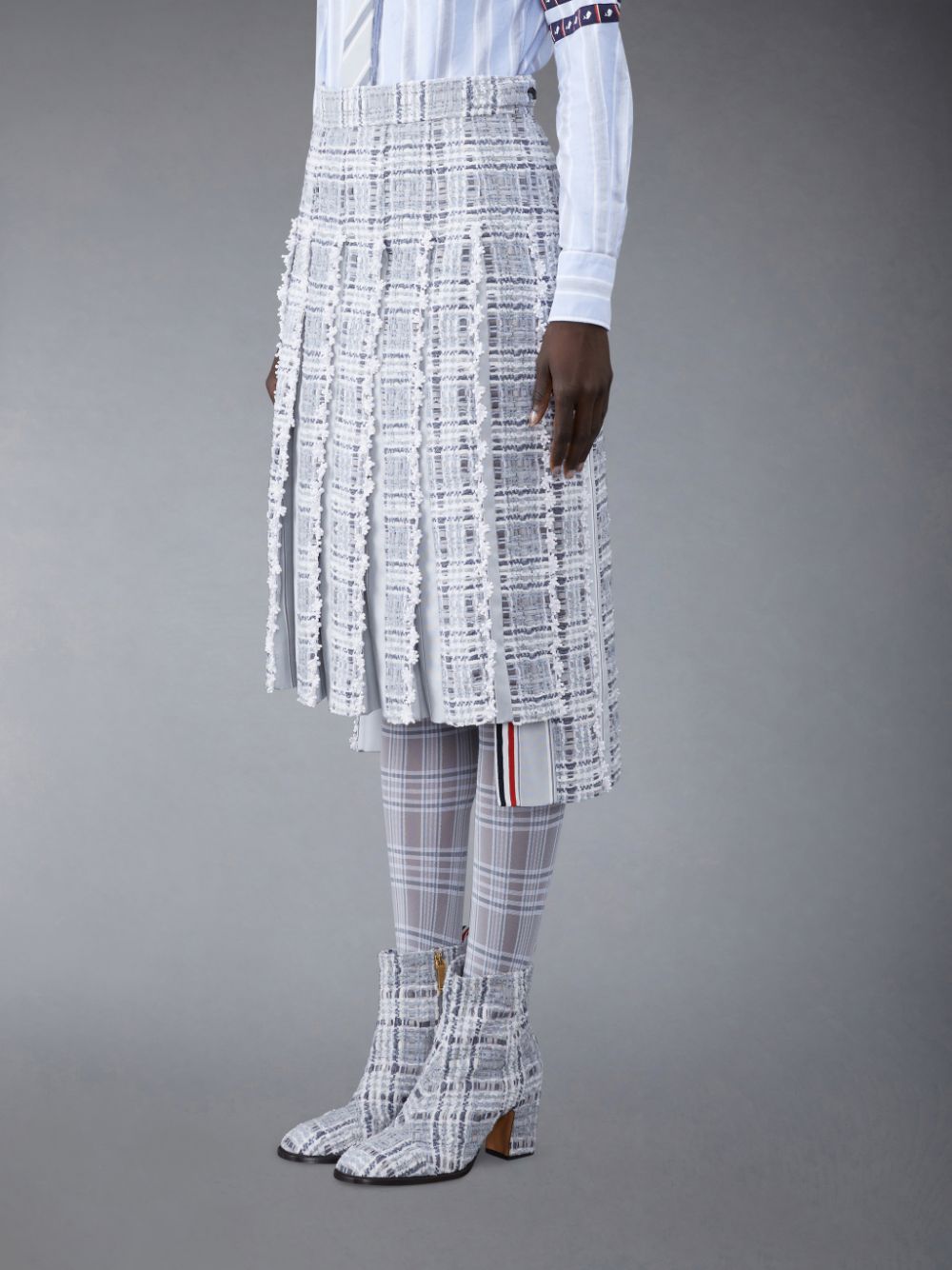 Thom Browne Prince of Wales Chenille Tweed Wave Classic Pleated Women Skirts Grey | UTR26P50423