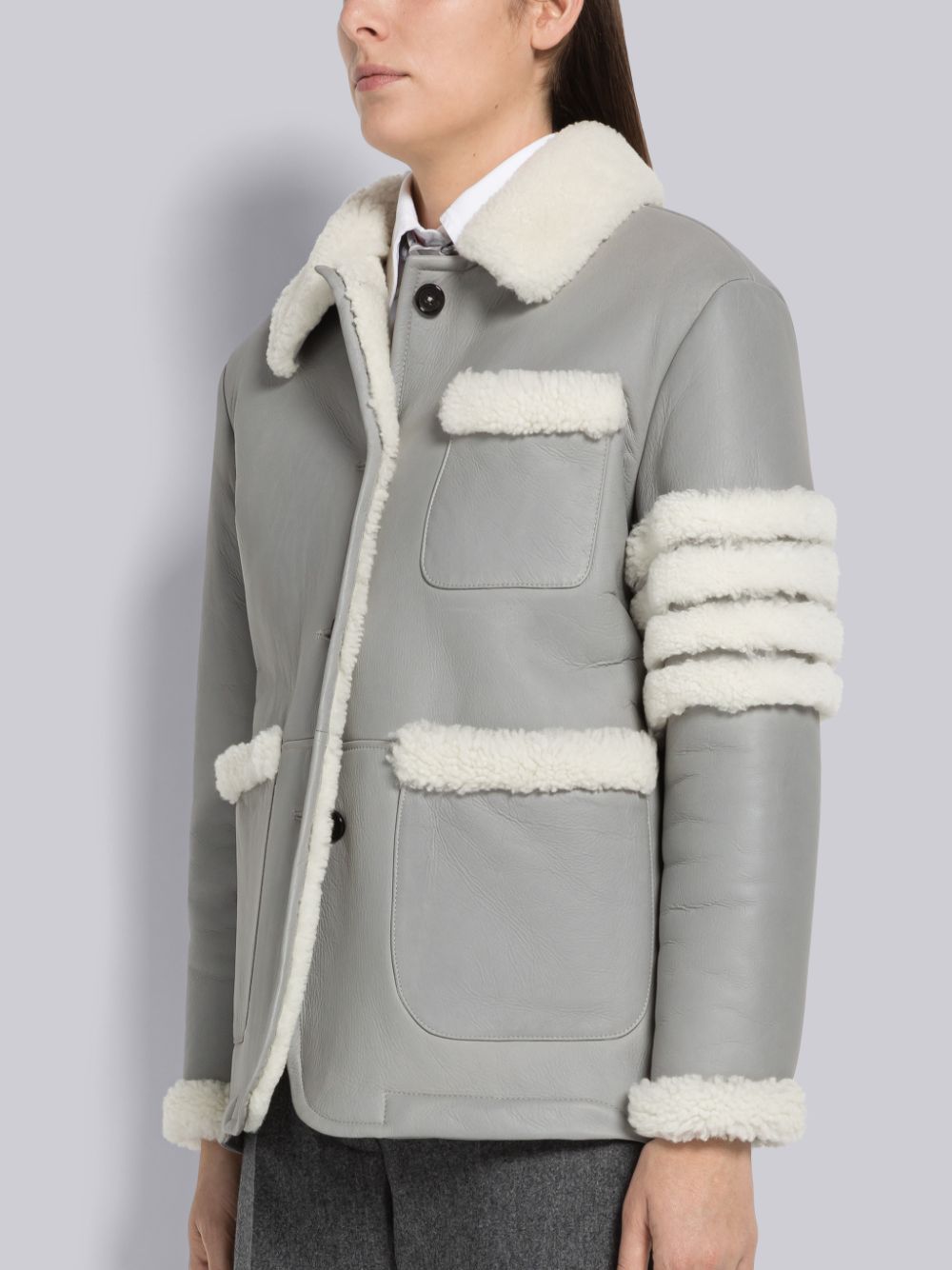 Thom Browne Reversed Shearling 4-Bar Round Collar Women Jackets Grey | JWV07X40294