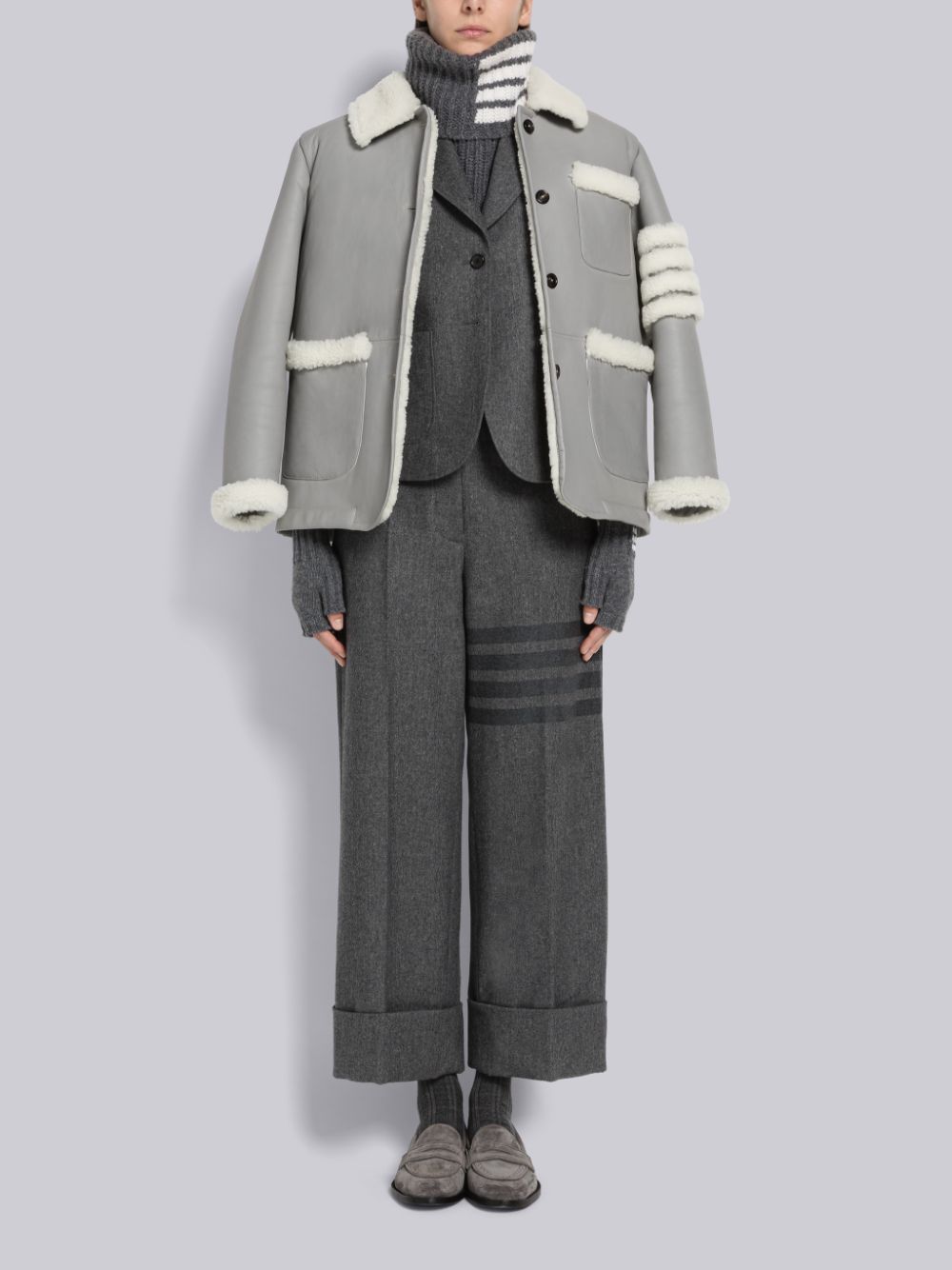 Thom Browne Reversed Shearling 4-Bar Round Collar Women Jackets Grey | JWV07X40294