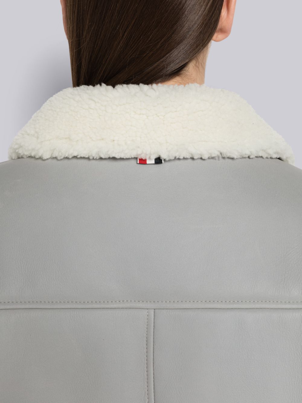 Thom Browne Reversed Shearling 4-Bar Round Collar Women Jackets Grey | JWV07X40294