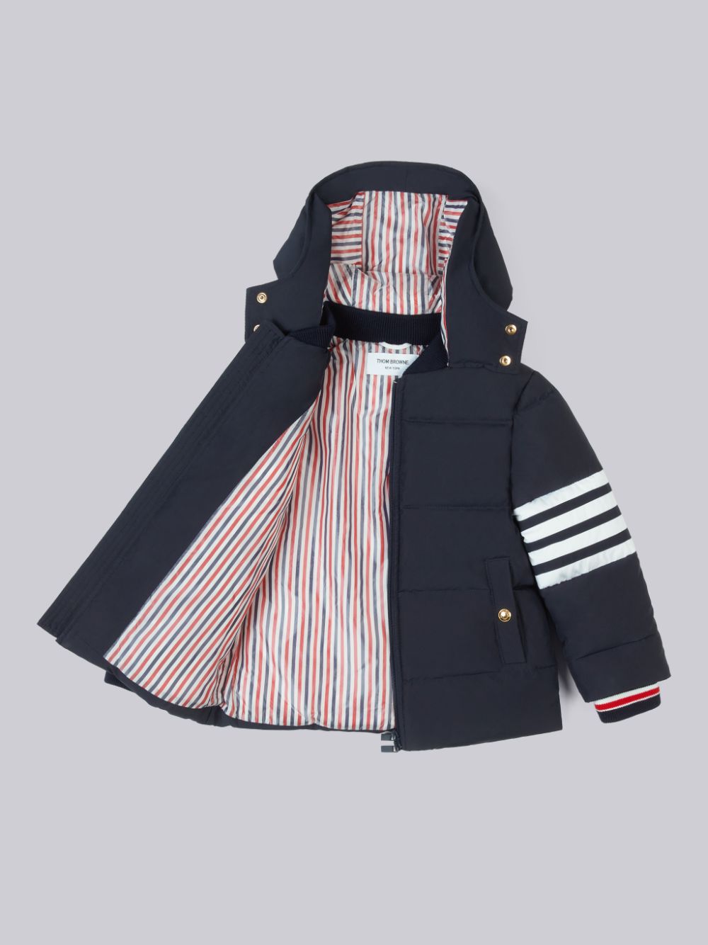 Thom Browne Ripstop Downfilled Hooded 4-Bar Boys's Parka Navy | GWJ56Z06837