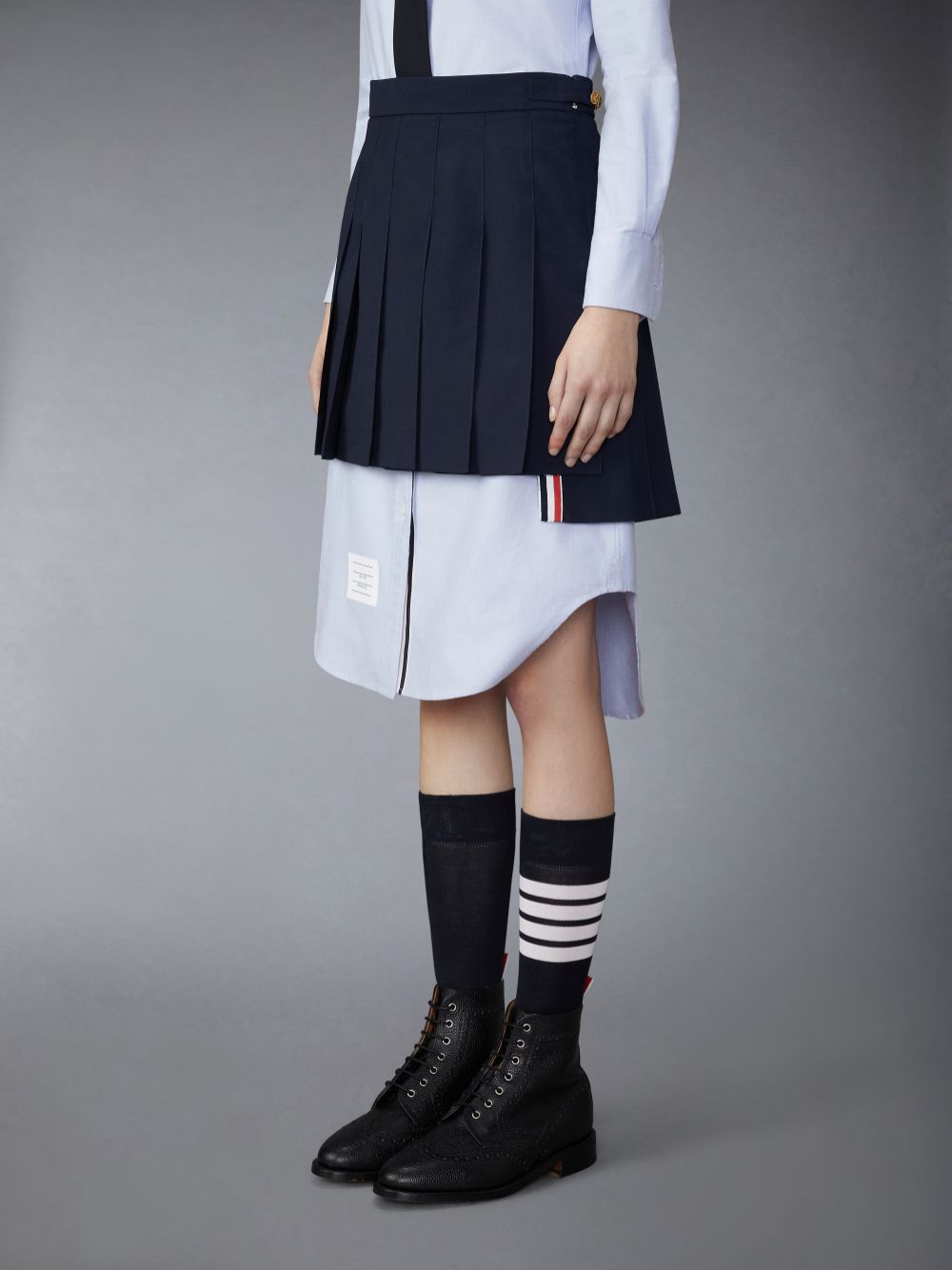 Thom Browne School Uniform Plain Weave Grosgrain Stripe Dropped Back Pleated Mini Women Skirts Navy | SXG48I92228