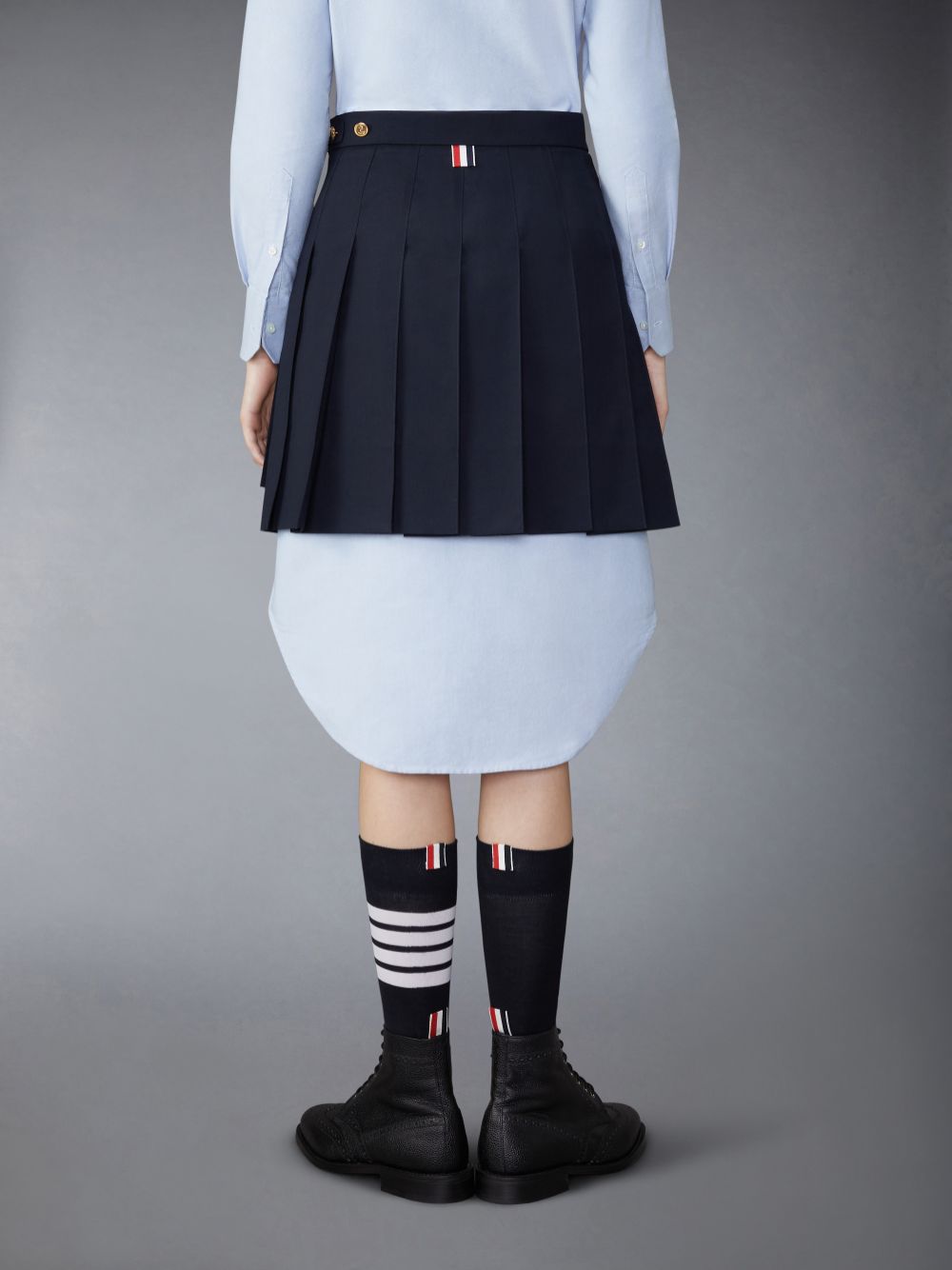 Thom Browne School Uniform Plain Weave Grosgrain Stripe Dropped Back Pleated Mini Women Skirts Navy | SXG48I92228