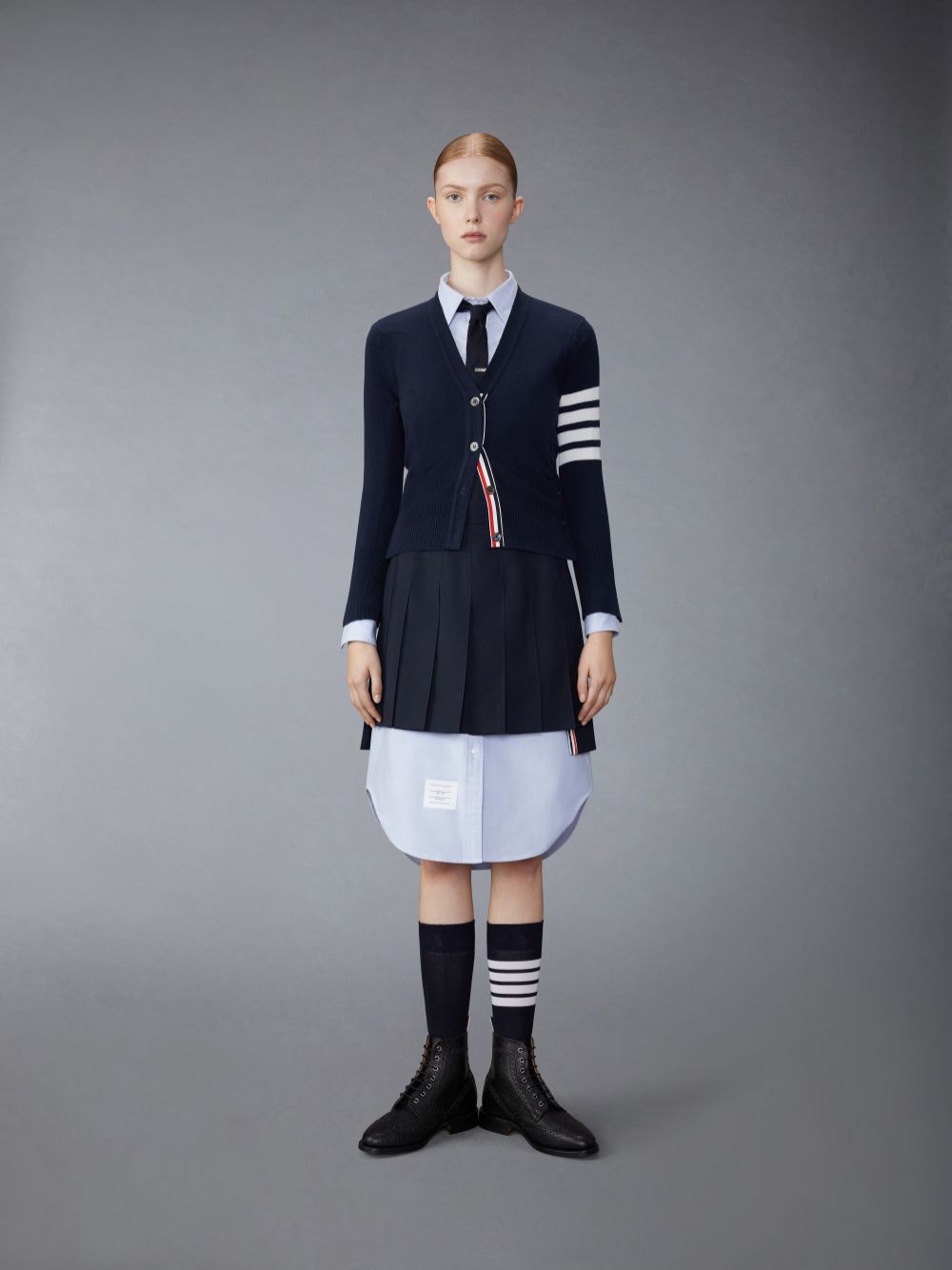 Thom Browne School Uniform Plain Weave Grosgrain Stripe Dropped Back Pleated Mini Women Skirts Navy | SXG48I92228