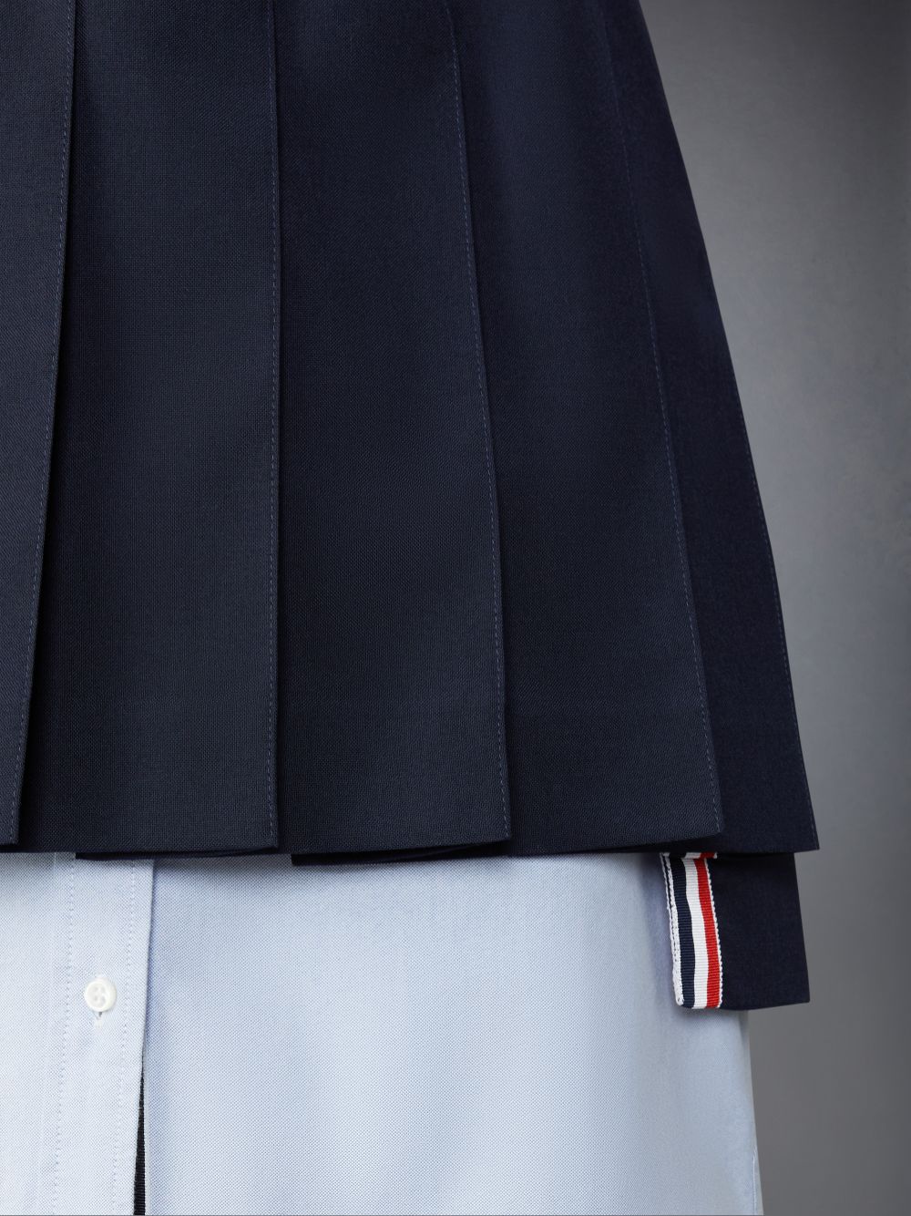 Thom Browne School Uniform Plain Weave Grosgrain Stripe Dropped Back Pleated Mini Women Skirts Navy | SXG48I92228